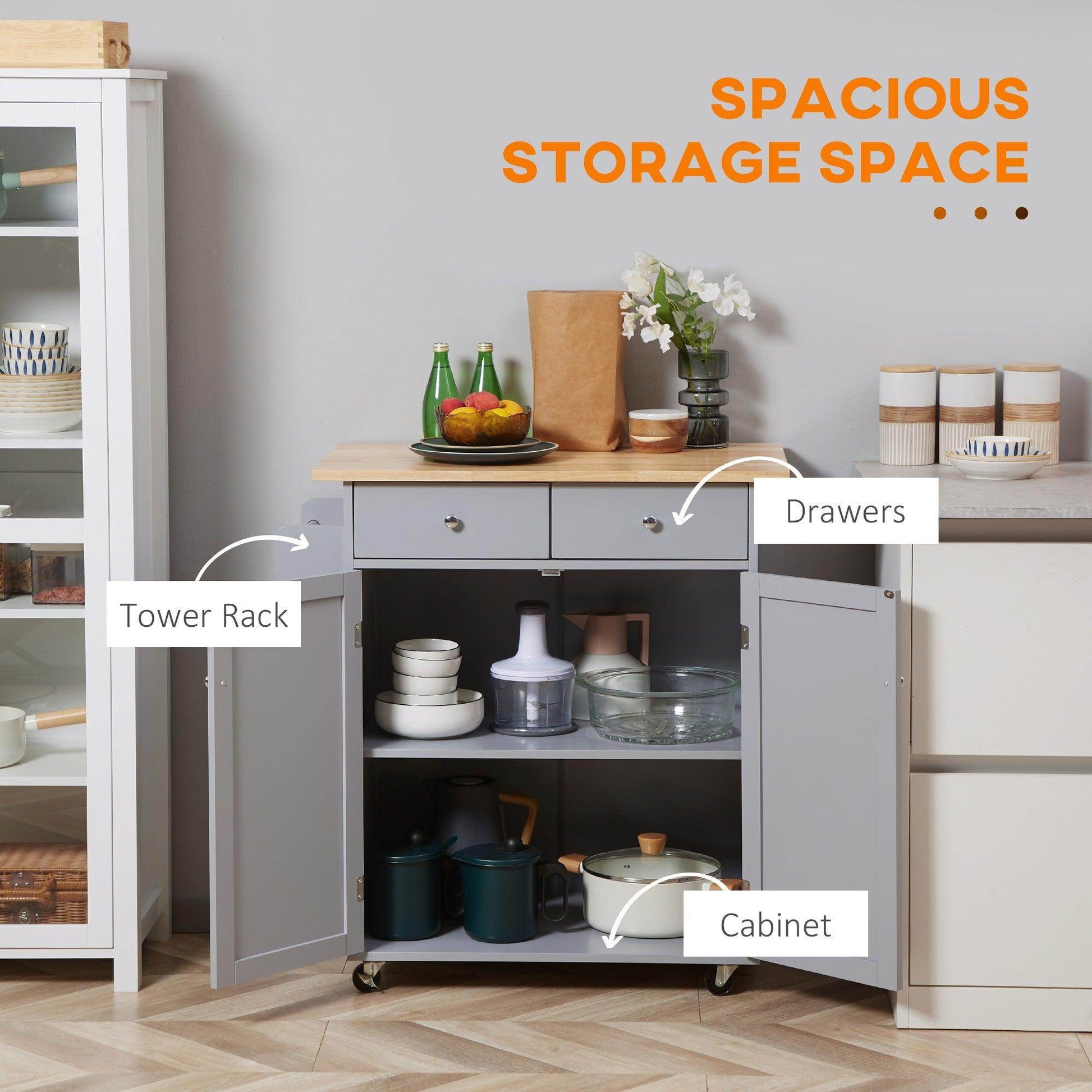 HOMCOM Grey Rolling Kitchen Island with Rubber Wood Top - ALL4U RETAILER LTD