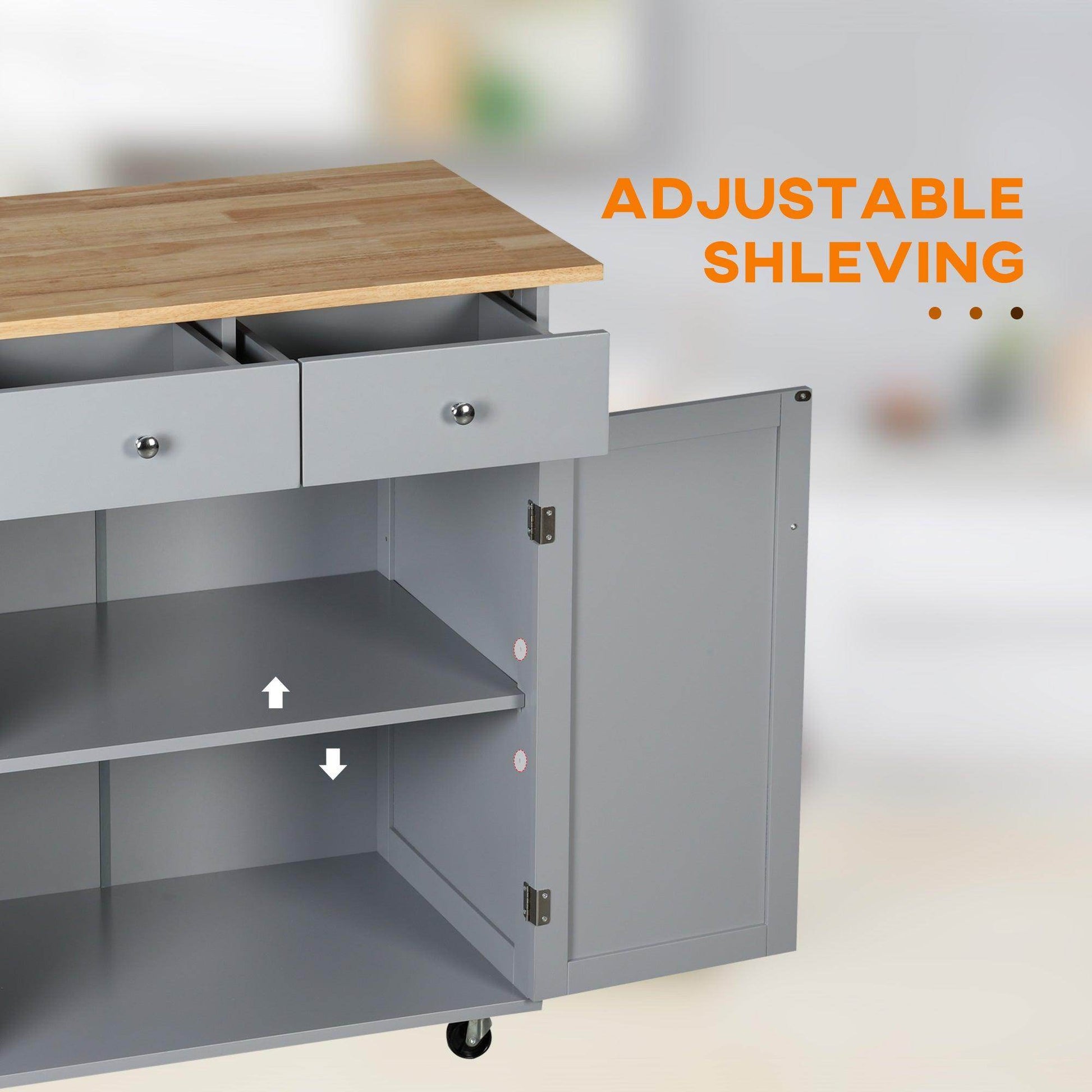 HOMCOM Grey Rolling Kitchen Island with Rubber Wood Top - ALL4U RETAILER LTD