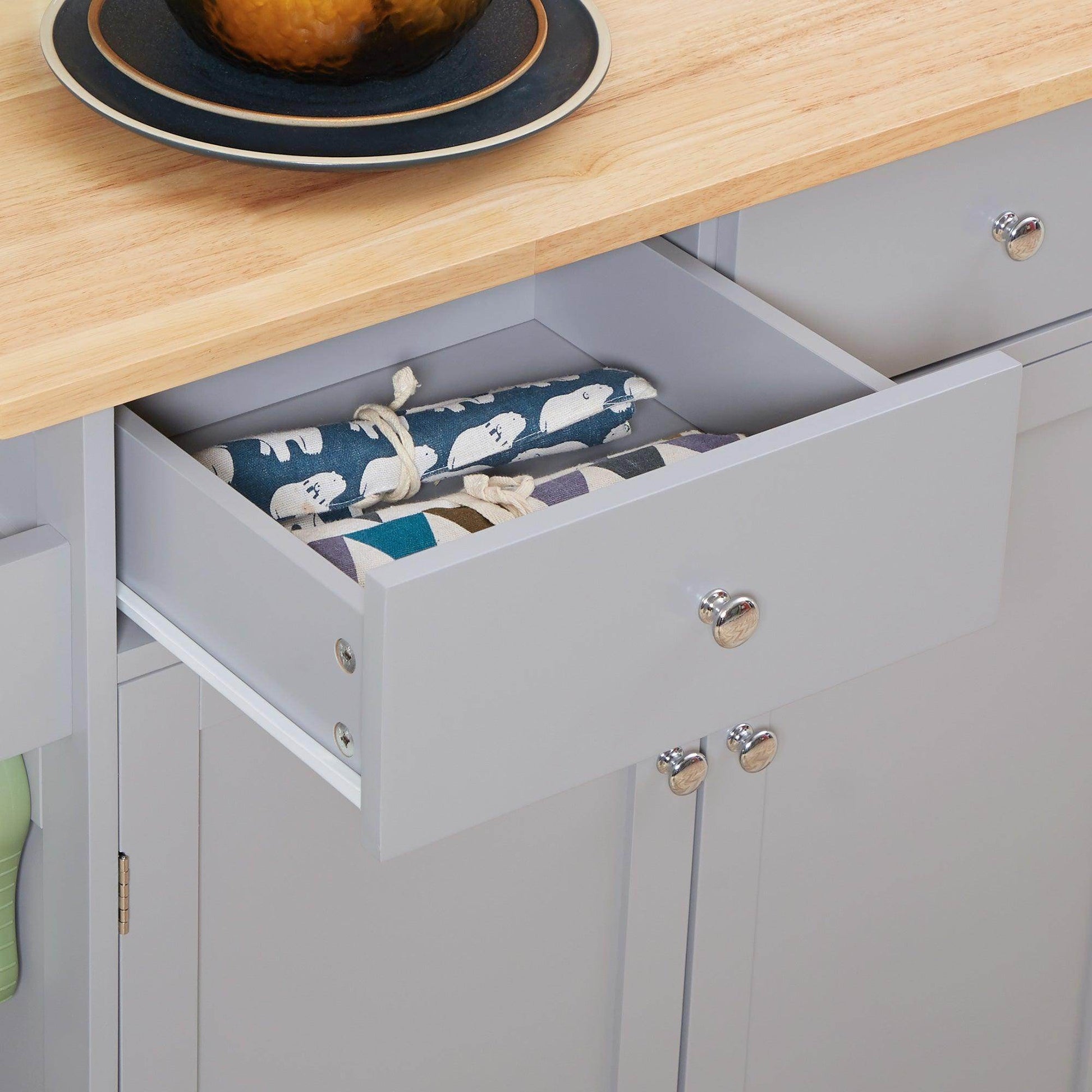 HOMCOM Grey Rolling Kitchen Island with Rubber Wood Top - ALL4U RETAILER LTD