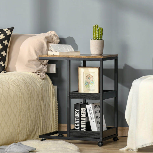 HOMCOM Industrial C-Shaped Sofa Side Table - 3-Tier Storage - Brown - ALL4U RETAILER LTD