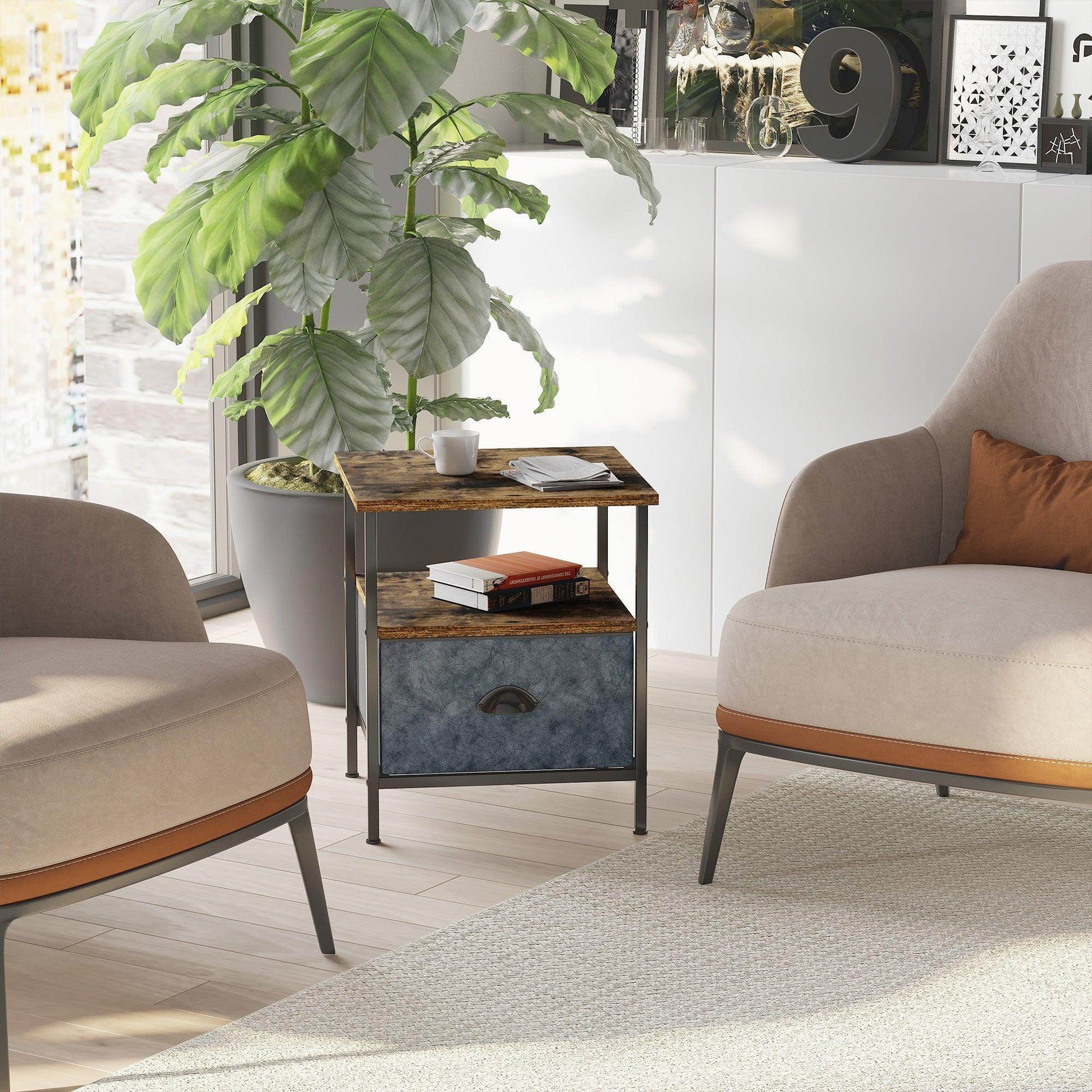 HOMCOM Industrial Side Table with Drawer - Rustic Brown - ALL4U RETAILER LTD