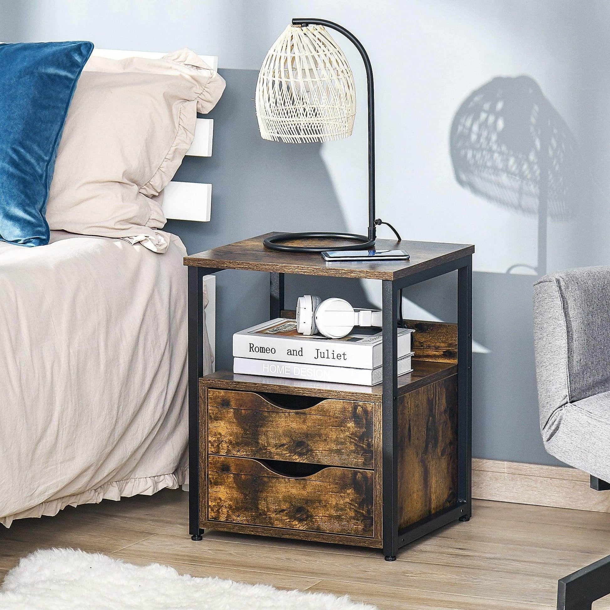 HOMCOM Industrial Side Table with Drawer and Storage Shelf - Brown - ALL4U RETAILER LTD