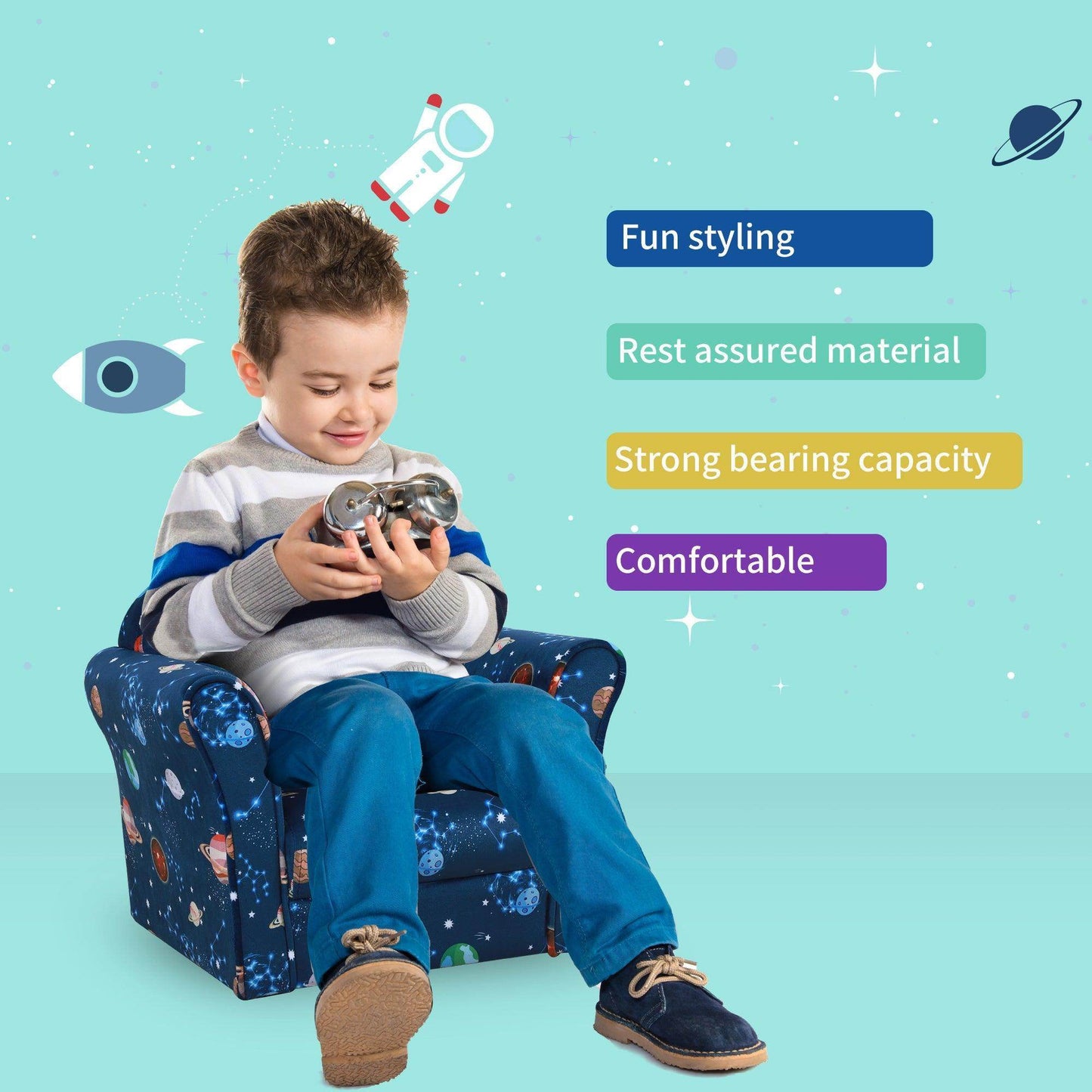 HOMCOM Kids Blue Planet Armchair with Non-Slip Feet - ALL4U RETAILER LTD