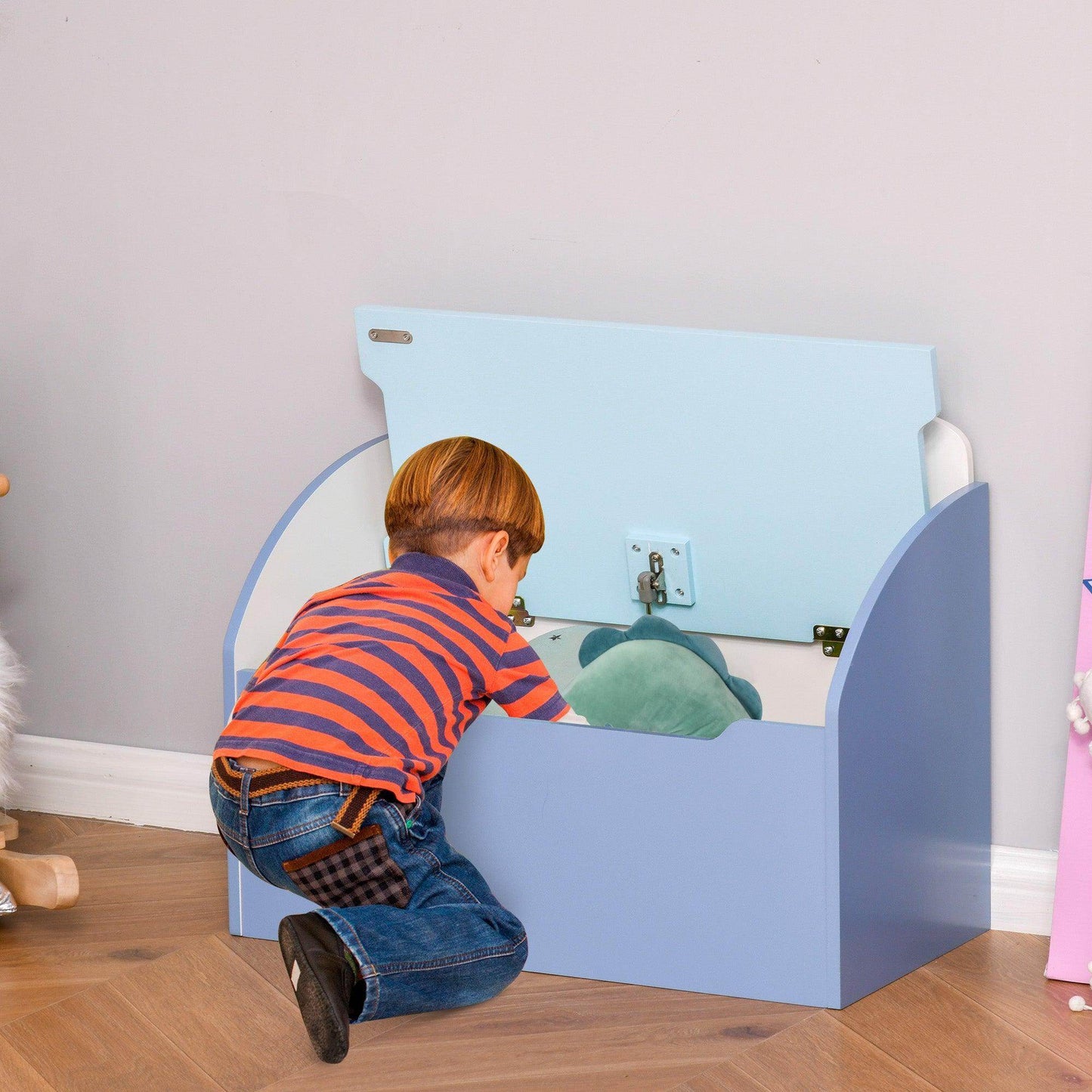 HOMCOM Kids Blue Wooden Storage Chair with Safety Hinges - ALL4U RETAILER LTD