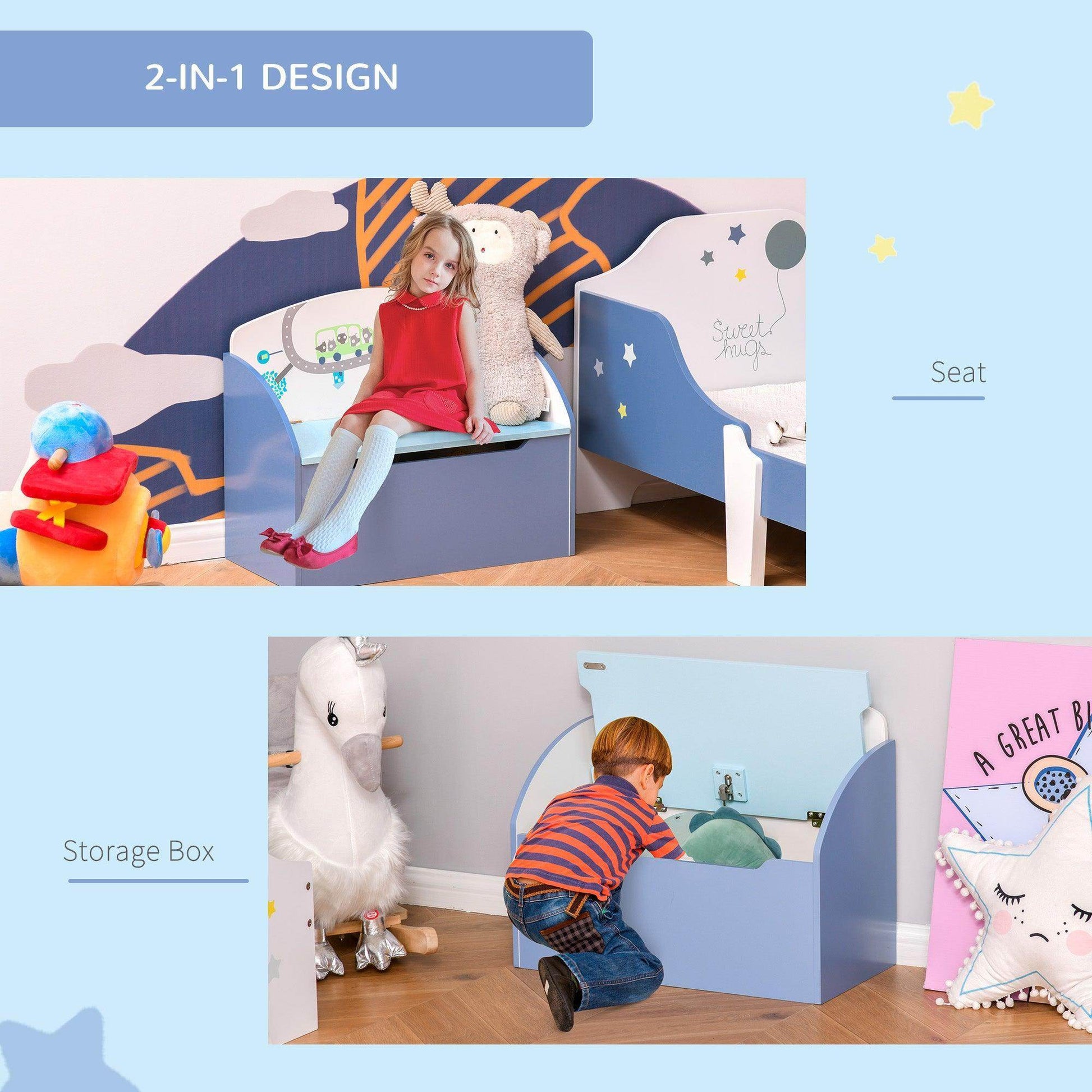 HOMCOM Kids Blue Wooden Storage Chair with Safety Hinges - ALL4U RETAILER LTD