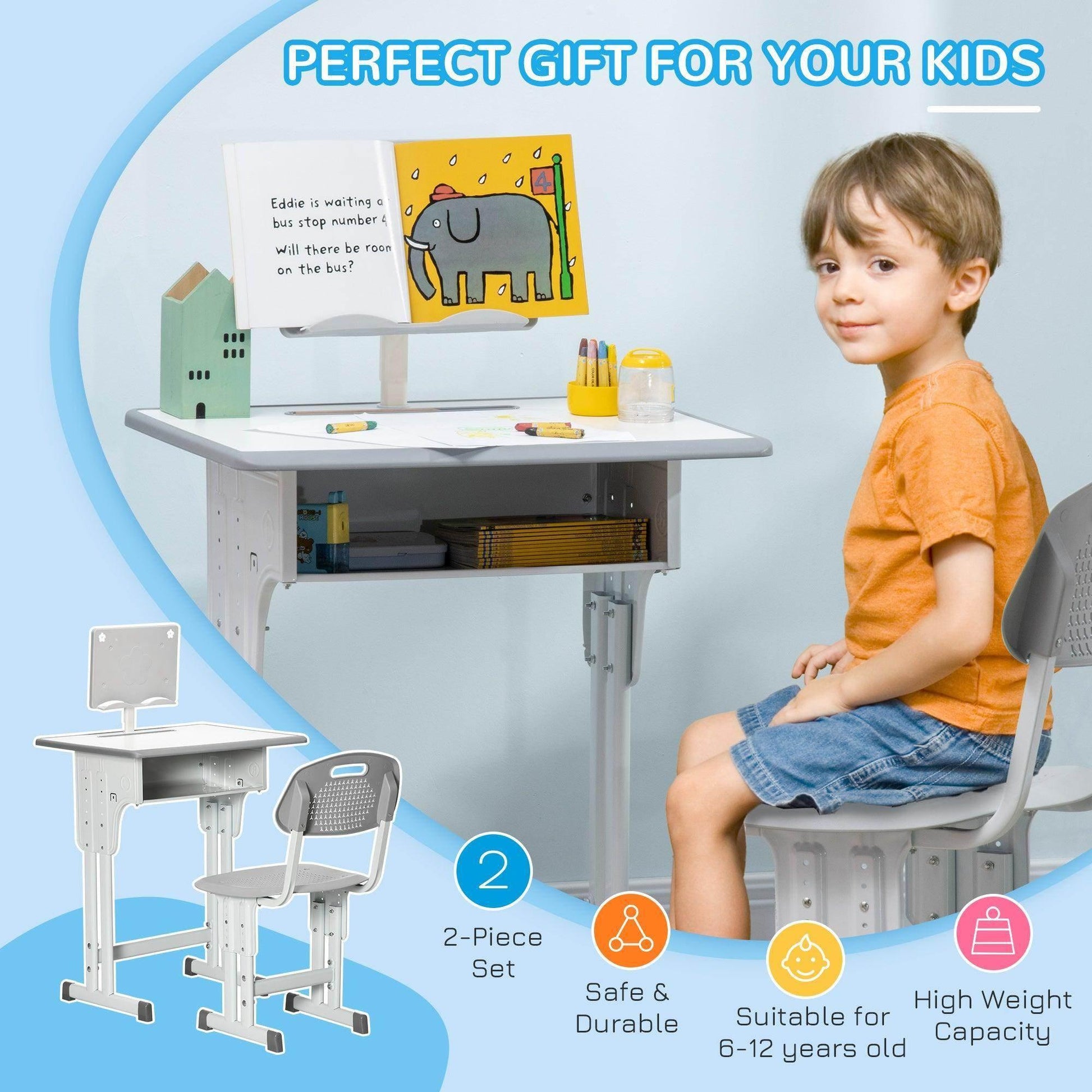 HOMCOM Kids Desk Set with Storage - Grey - ALL4U RETAILER LTD