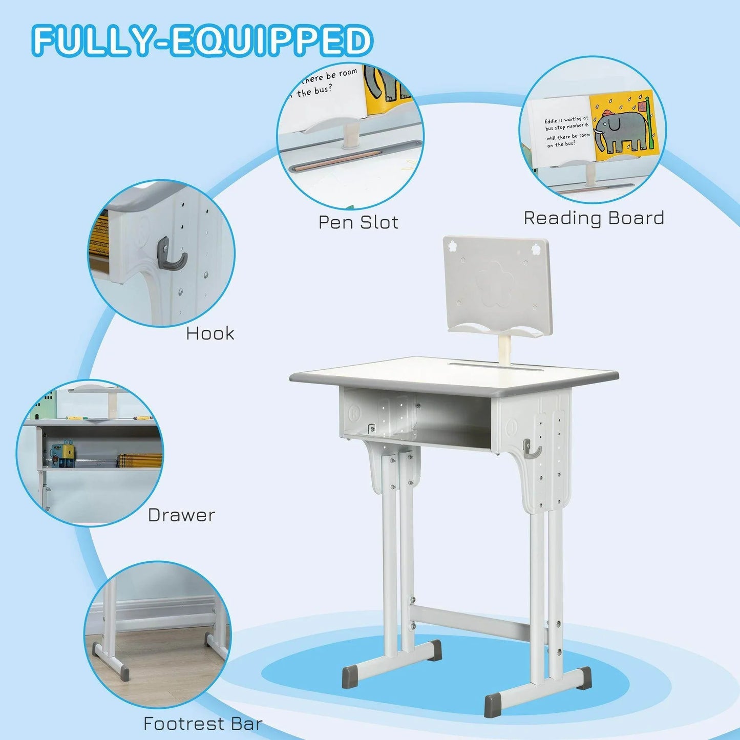 HOMCOM Kids Desk Set with Storage - Grey - ALL4U RETAILER LTD