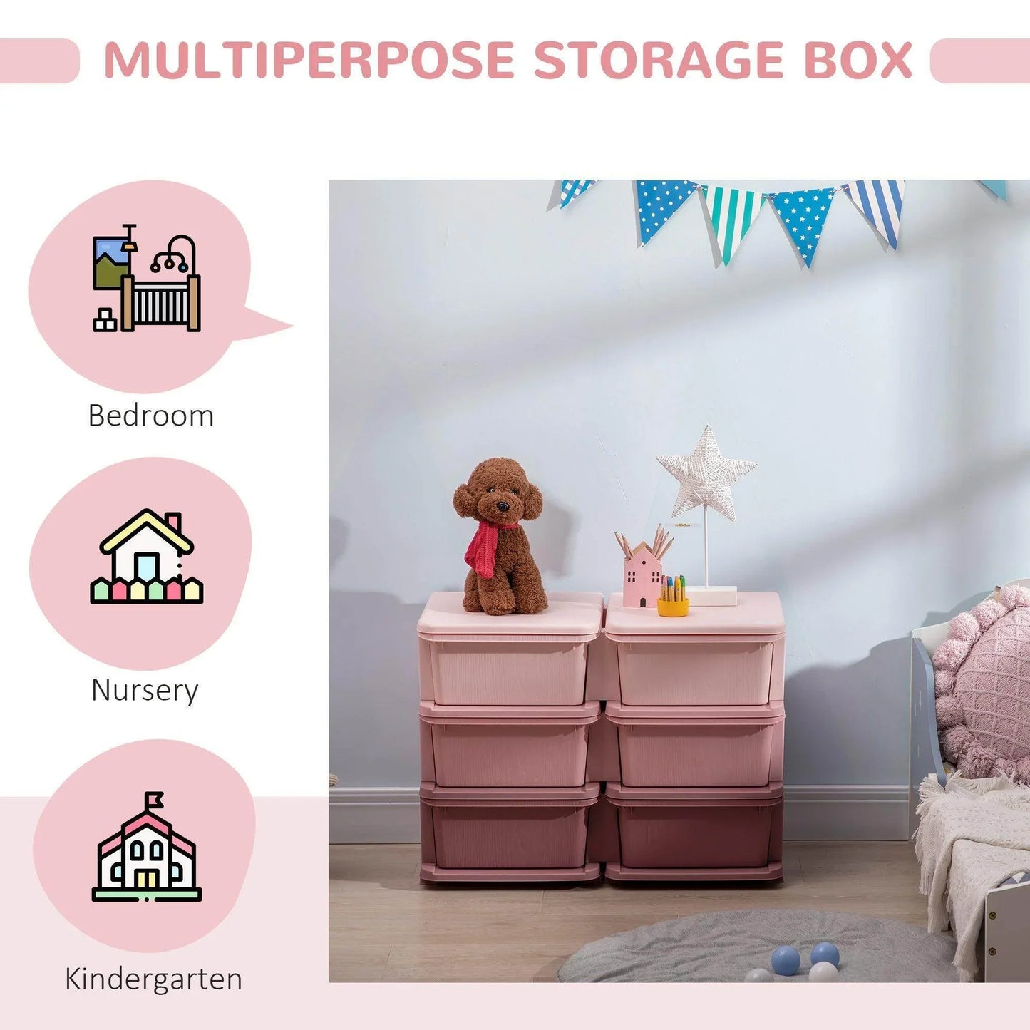 HOMCOM Kids Storage Units with Drawers - Pink - ALL4U RETAILER LTD