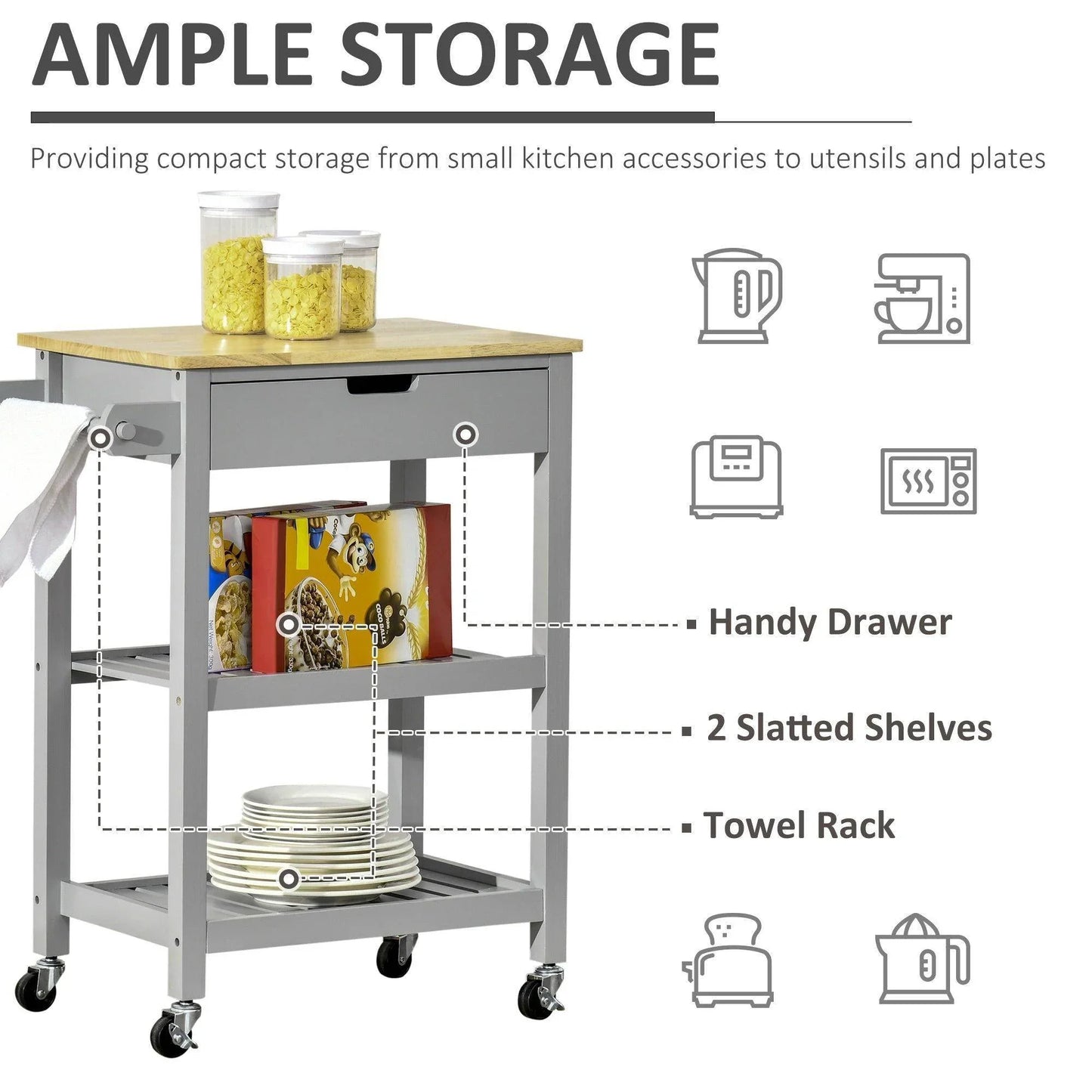 HOMCOM Kitchen Cart with Towel Rack and Storage Shelves - ALL4U RETAILER LTD
