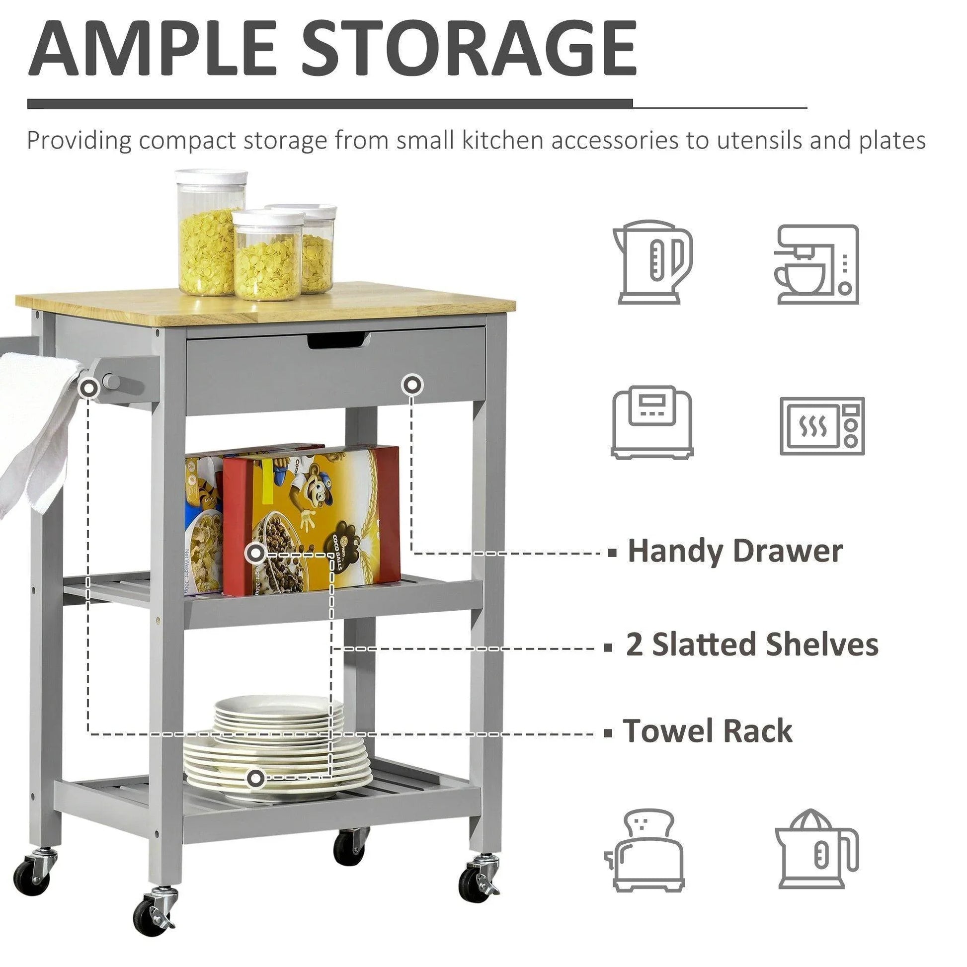 HOMCOM Kitchen Cart with Towel Rack and Storage Shelves - ALL4U RETAILER LTD