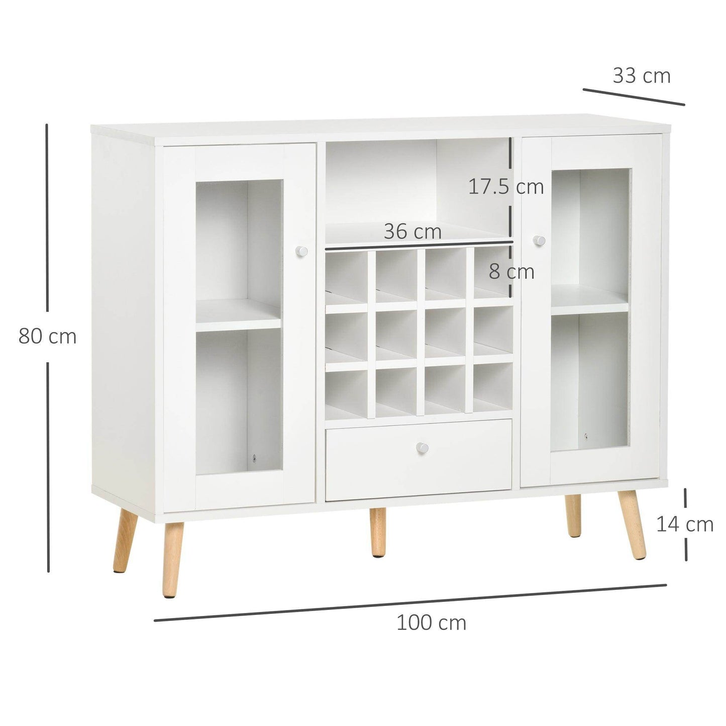 HOMCOM Kitchen Cupboard with Glass Doors and Wine Rack - White - ALL4U RETAILER LTD