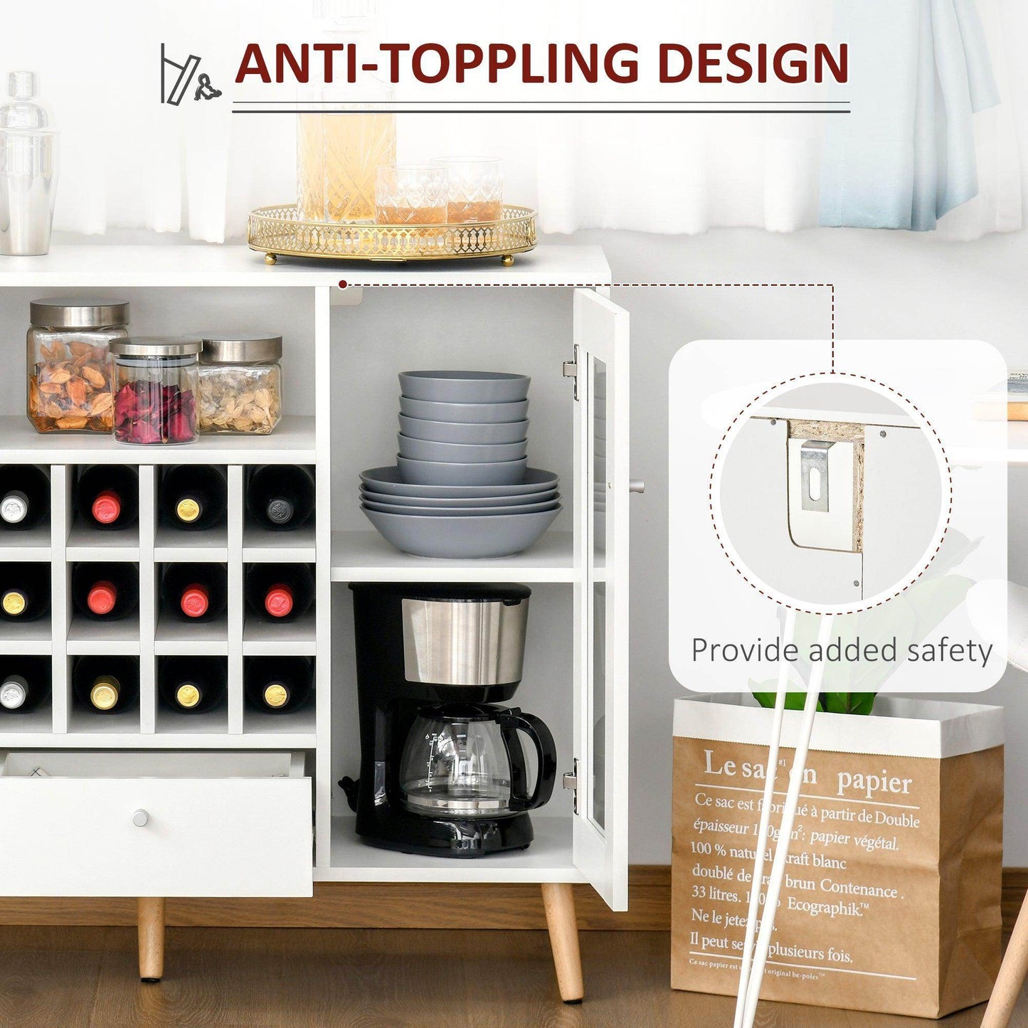 HOMCOM Kitchen Cupboard with Glass Doors and Wine Rack - White - ALL4U RETAILER LTD