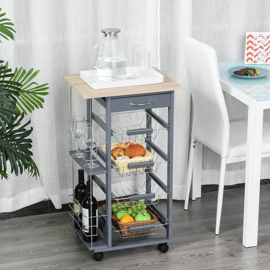 HOMCOM Kitchen Island Trolley with Baskets - Dark Grey - ALL4U RETAILER LTD