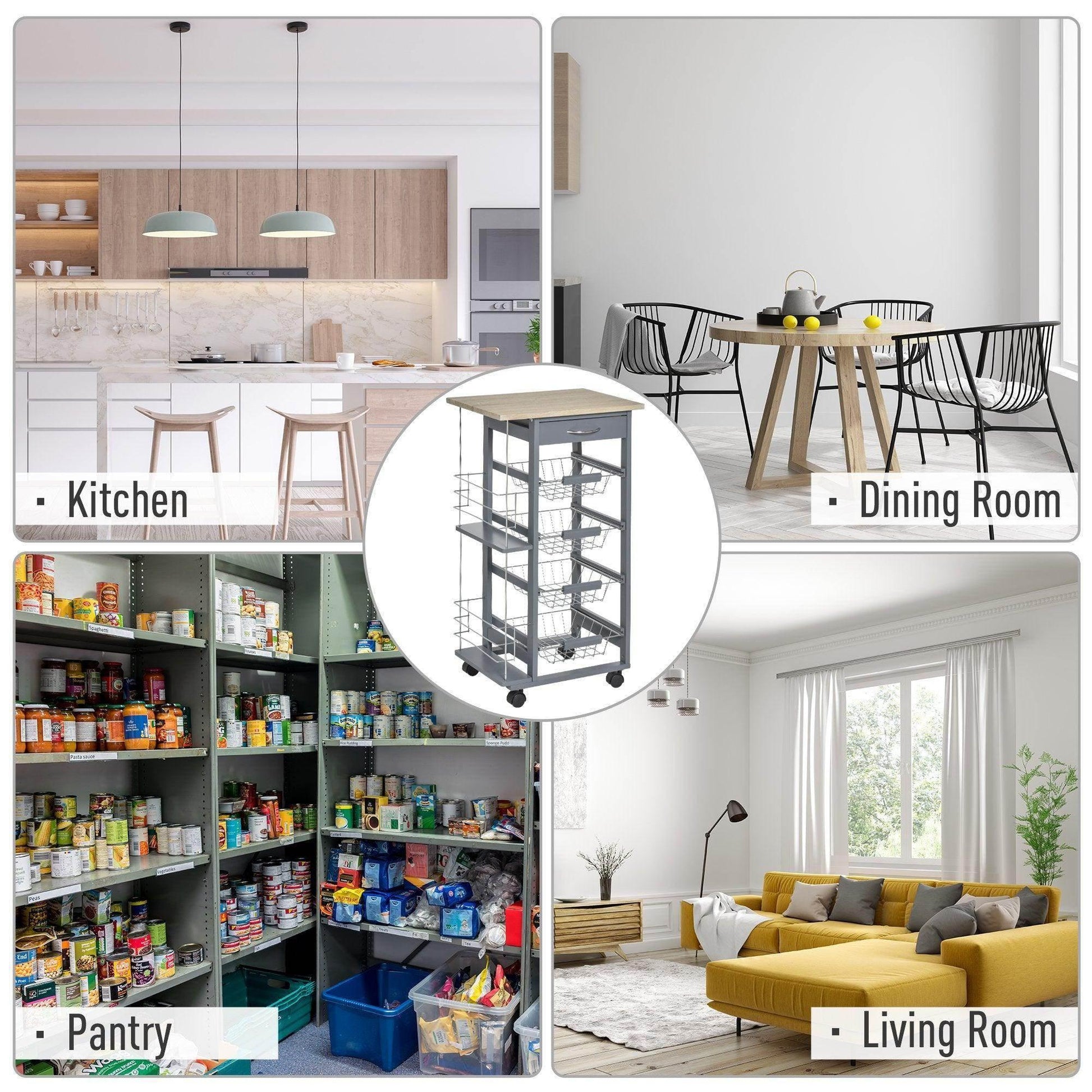 HOMCOM Kitchen Island Trolley with Baskets - Dark Grey - ALL4U RETAILER LTD