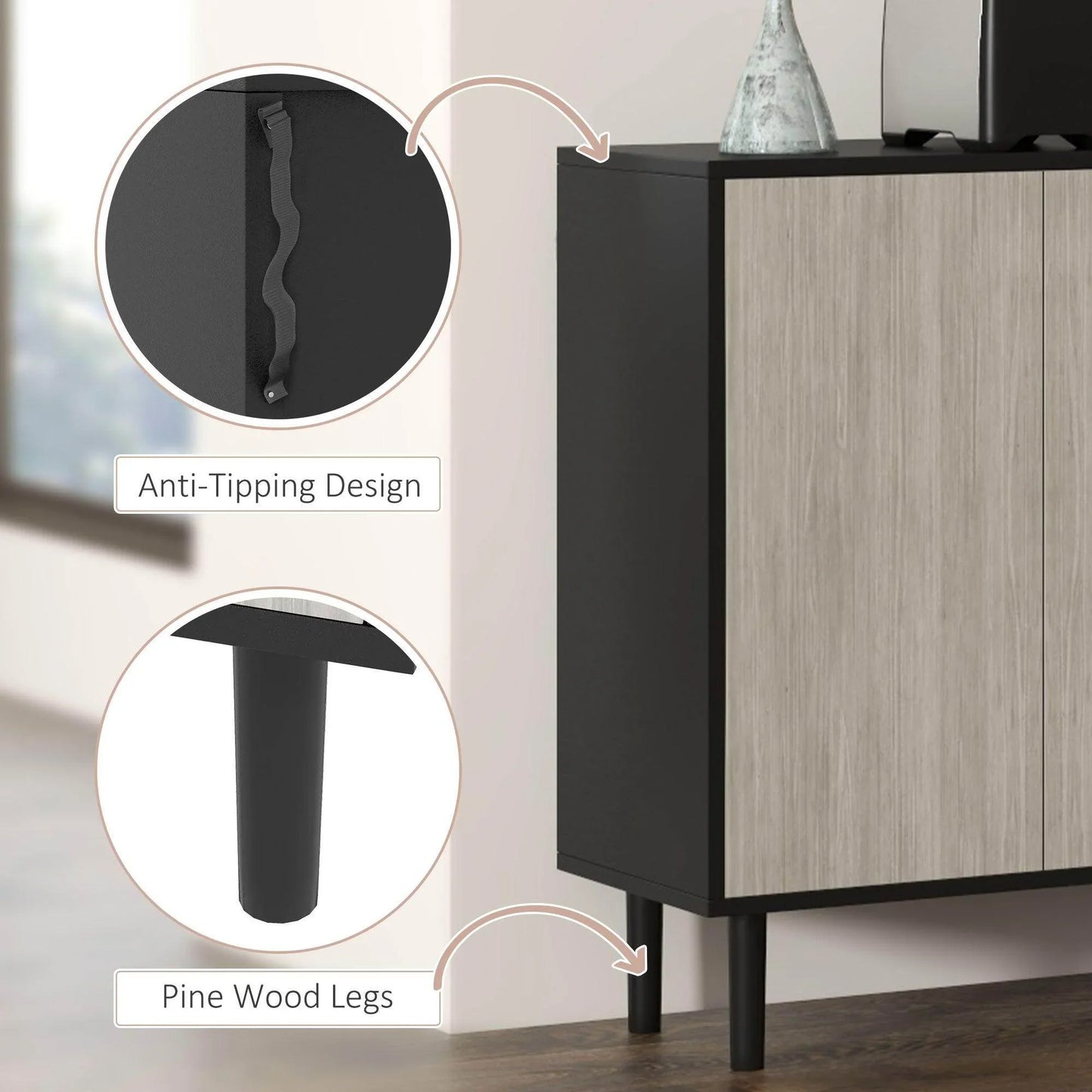 HOMCOM Kitchen Sideboard Storage Cabinet for Living Room with Adjustable Shelves 4 Doors and Pine Wood Legs Black - ALL4U RETAILER LTD