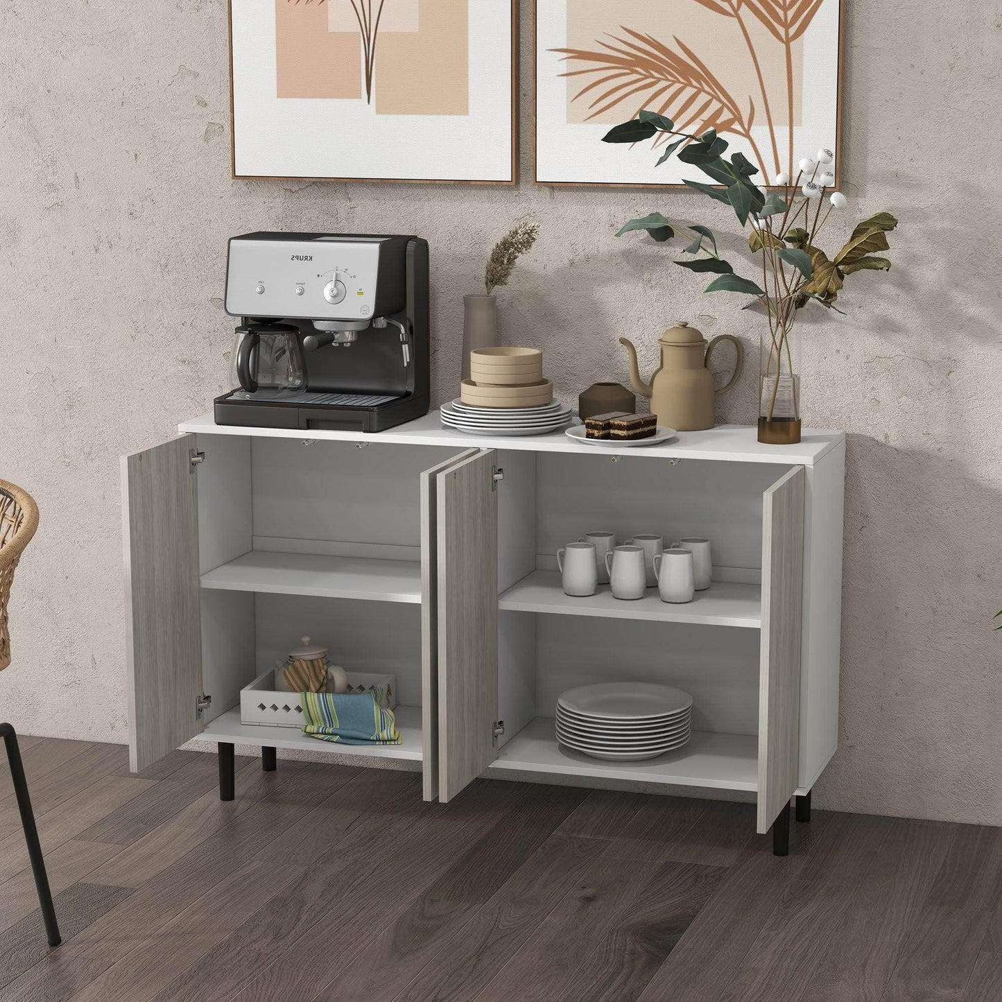 HOMCOM Kitchen Sideboard Storage Cabinet for Living Room with Adjustable Shelves 4 Doors and Pine Wood Legs White - ALL4U RETAILER LTD