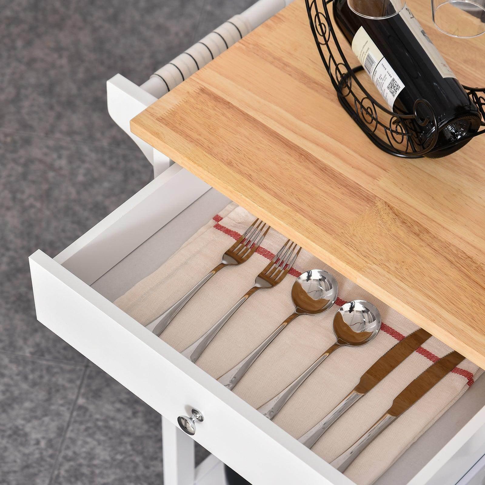 HOMCOM Kitchen Trolley Unit with Wood Top - White - ALL4U RETAILER LTD