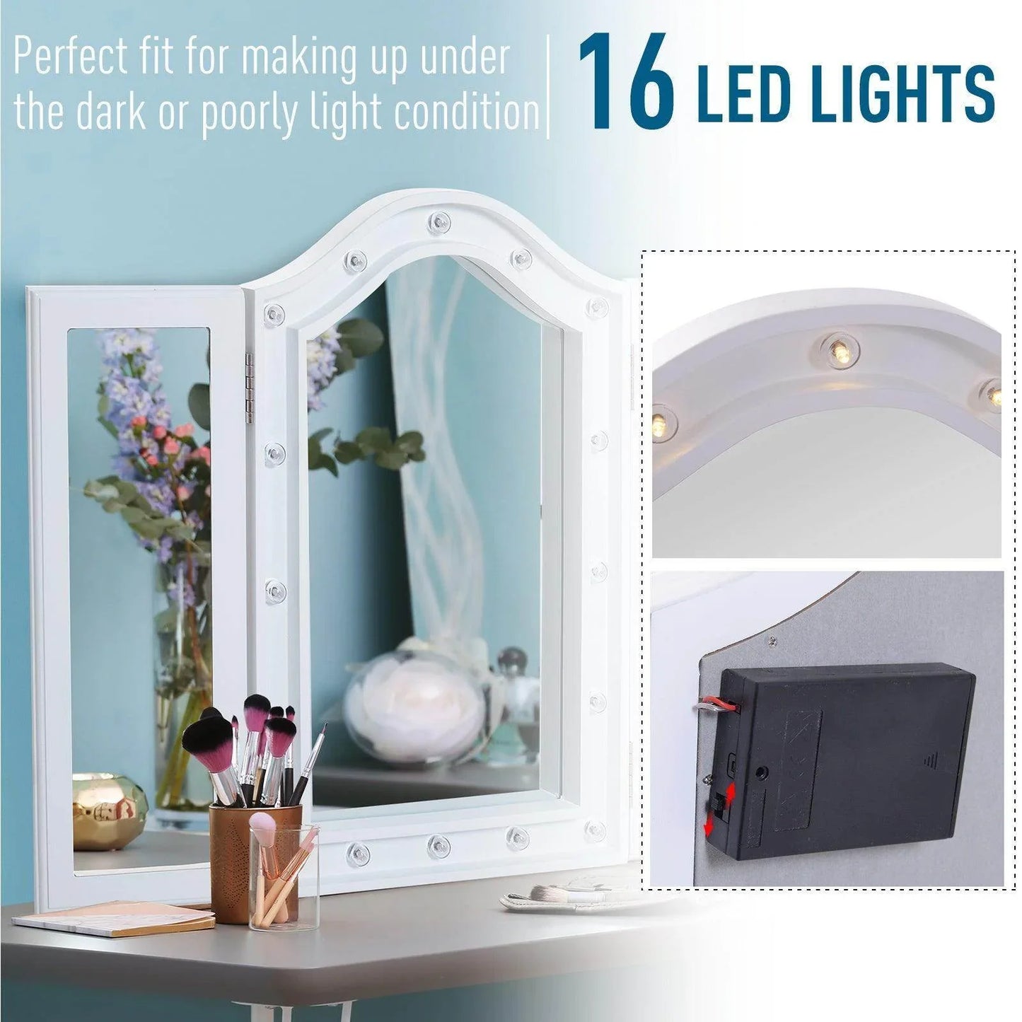 HOMCOM LED Trifold Vanity Mirror - White - ALL4U RETAILER LTD