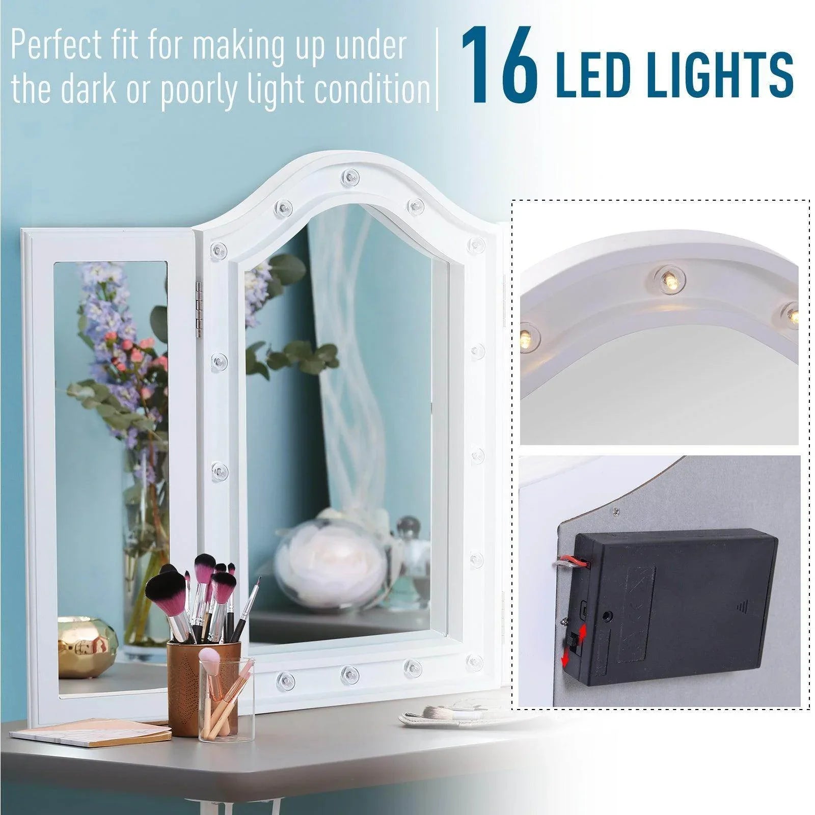HOMCOM LED Trifold Vanity Mirror - White - ALL4U RETAILER LTD