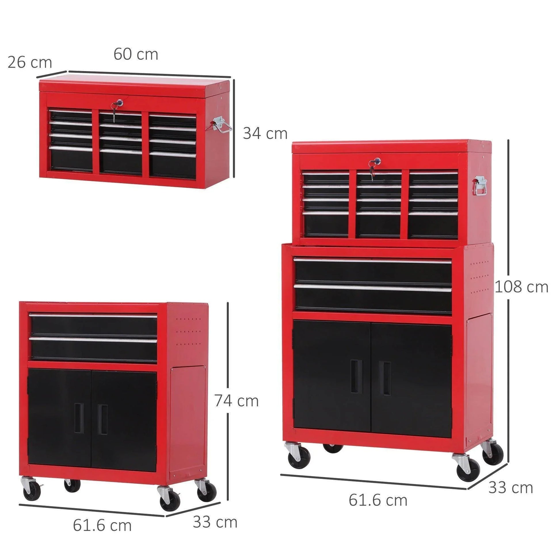 HOMCOM Metal Tool Cabinet on Wheels with 6 Drawers - Red - ALL4U RETAILER LTD