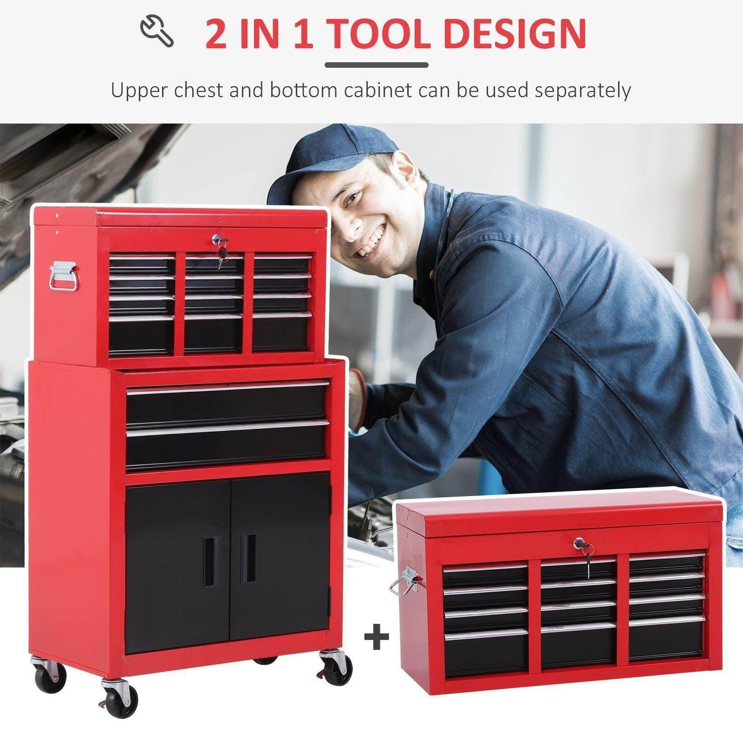 HOMCOM Metal Tool Cabinet on Wheels with 6 Drawers - Red - ALL4U RETAILER LTD
