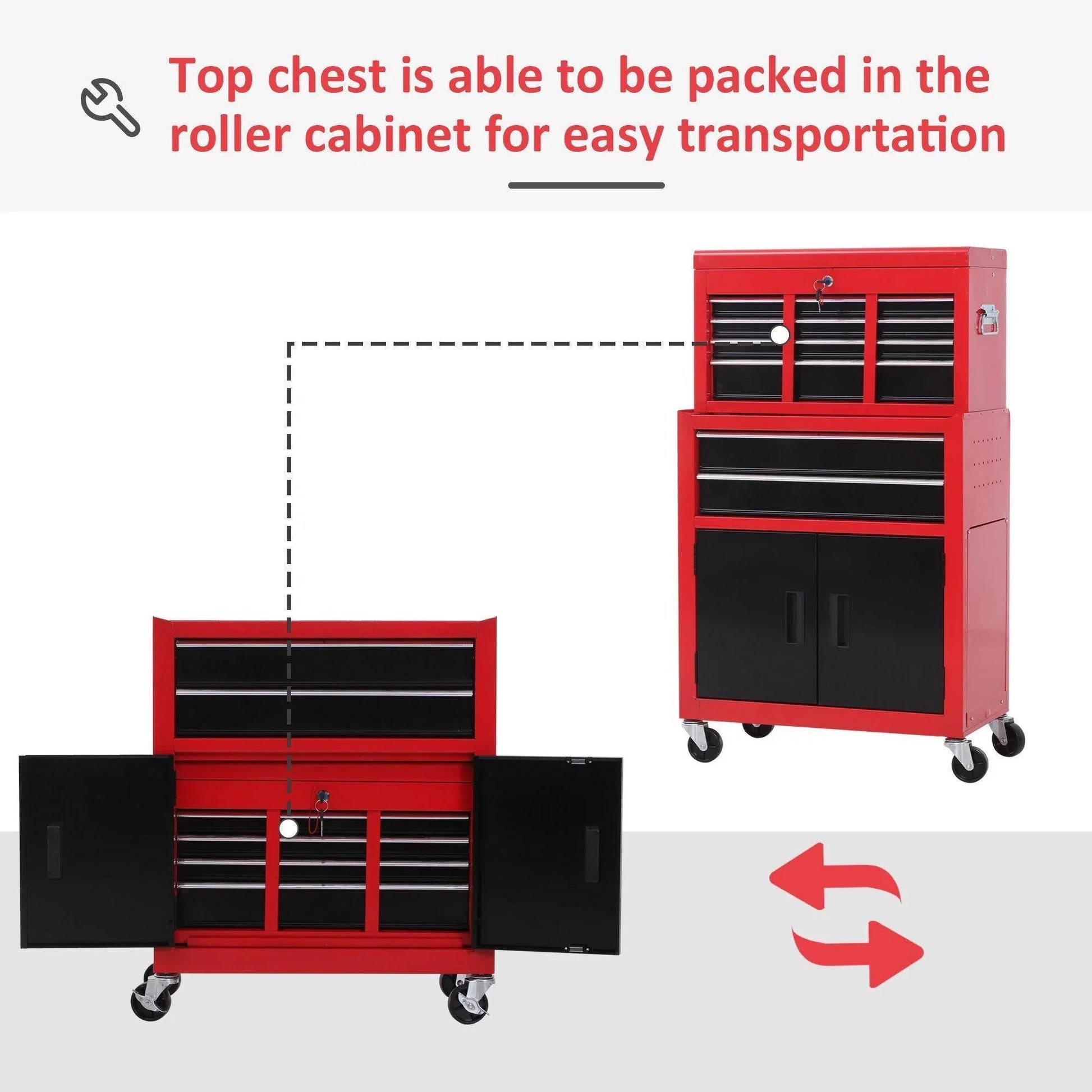 HOMCOM Metal Tool Cabinet on Wheels with 6 Drawers - Red - ALL4U RETAILER LTD
