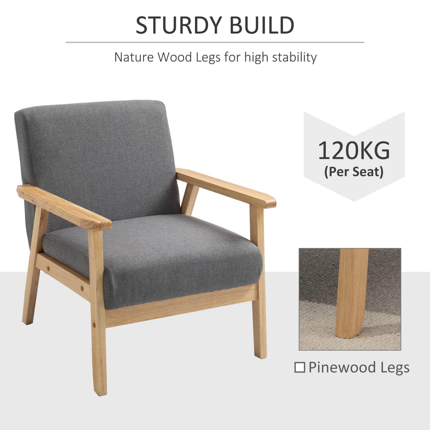 HOMCOM Minimalist Grey Accent Chair - Comfy Wood Frame - ALL4U RETAILER LTD