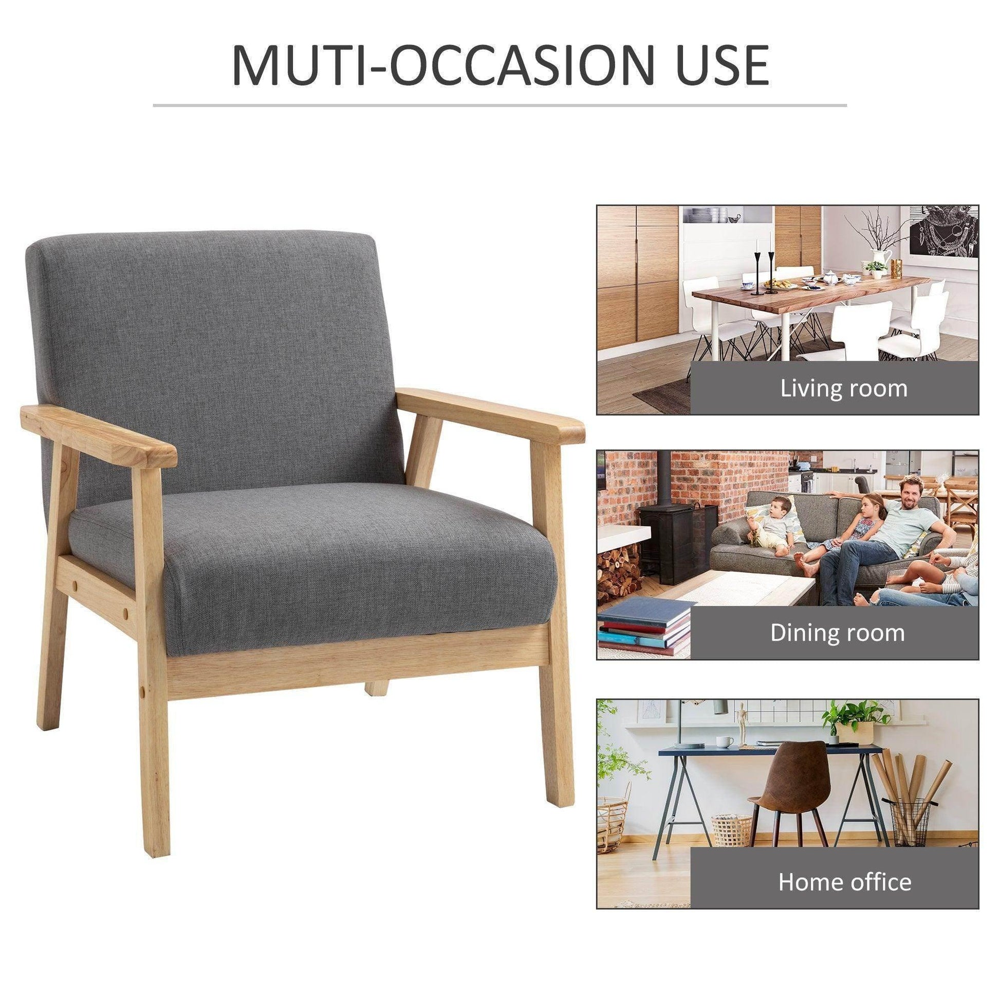 HOMCOM Minimalist Grey Accent Chair - Comfy Wood Frame - ALL4U RETAILER LTD