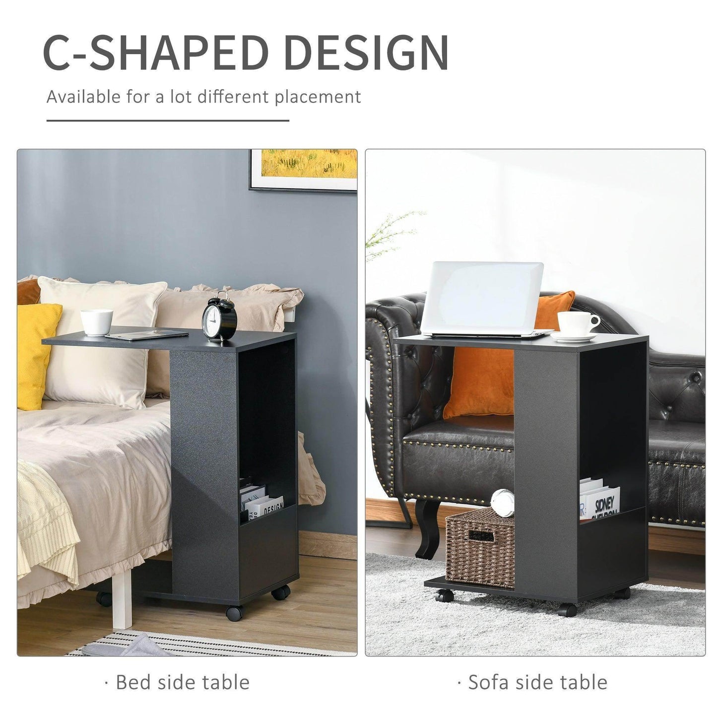 HOMCOM Mobile C-Shape End Table with Storage and Casters - ALL4U RETAILER LTD