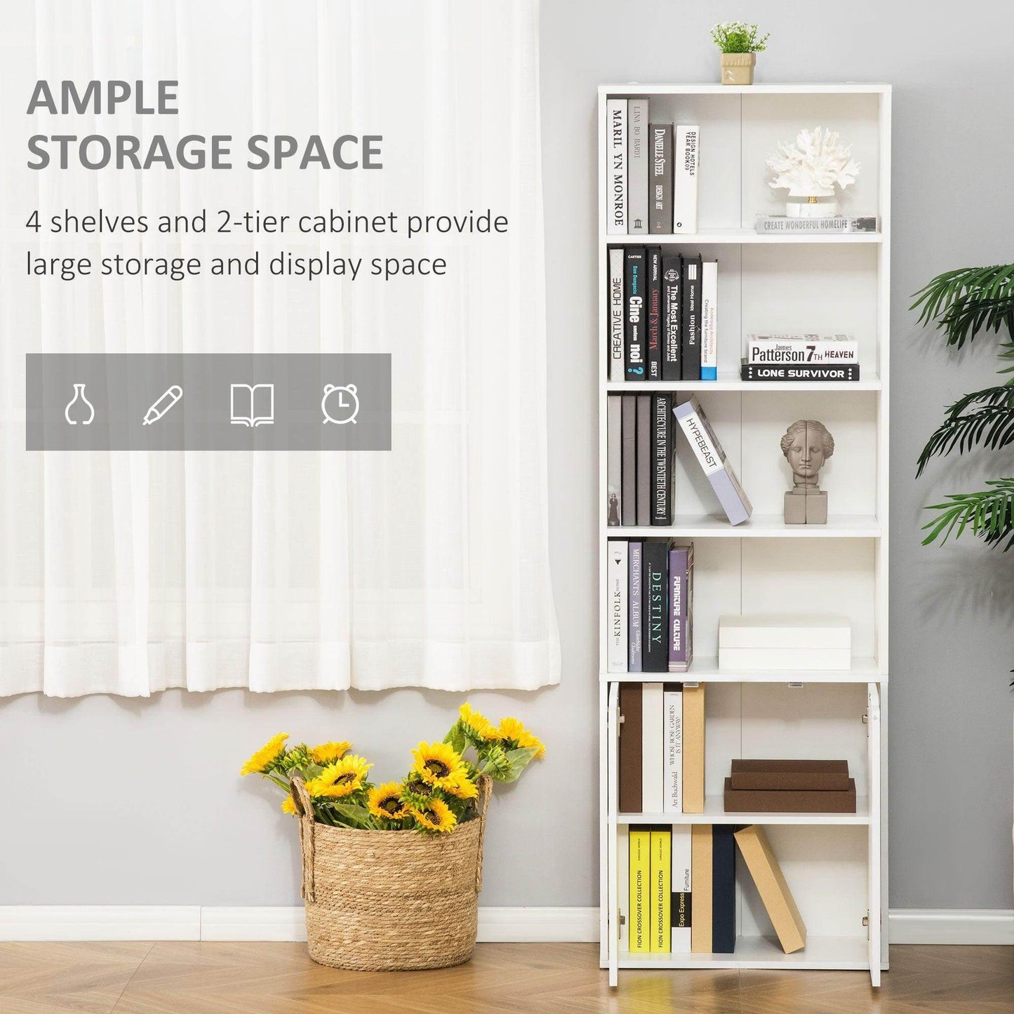 HOMCOM Modern 2-Door Tall Bookcase - White - ALL4U RETAILER LTD