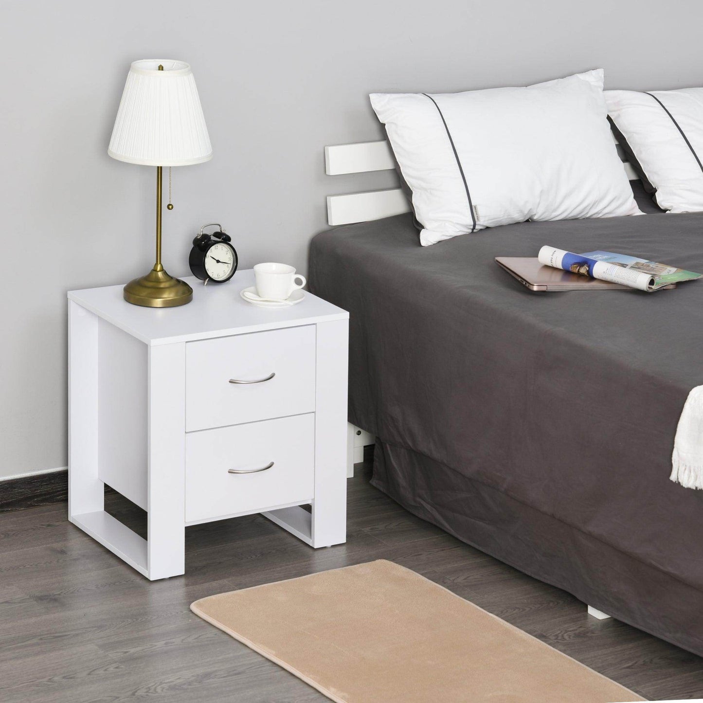 HOMCOM Modern 2-Drawer Bedside Table - White - ALL4U RETAILER LTD