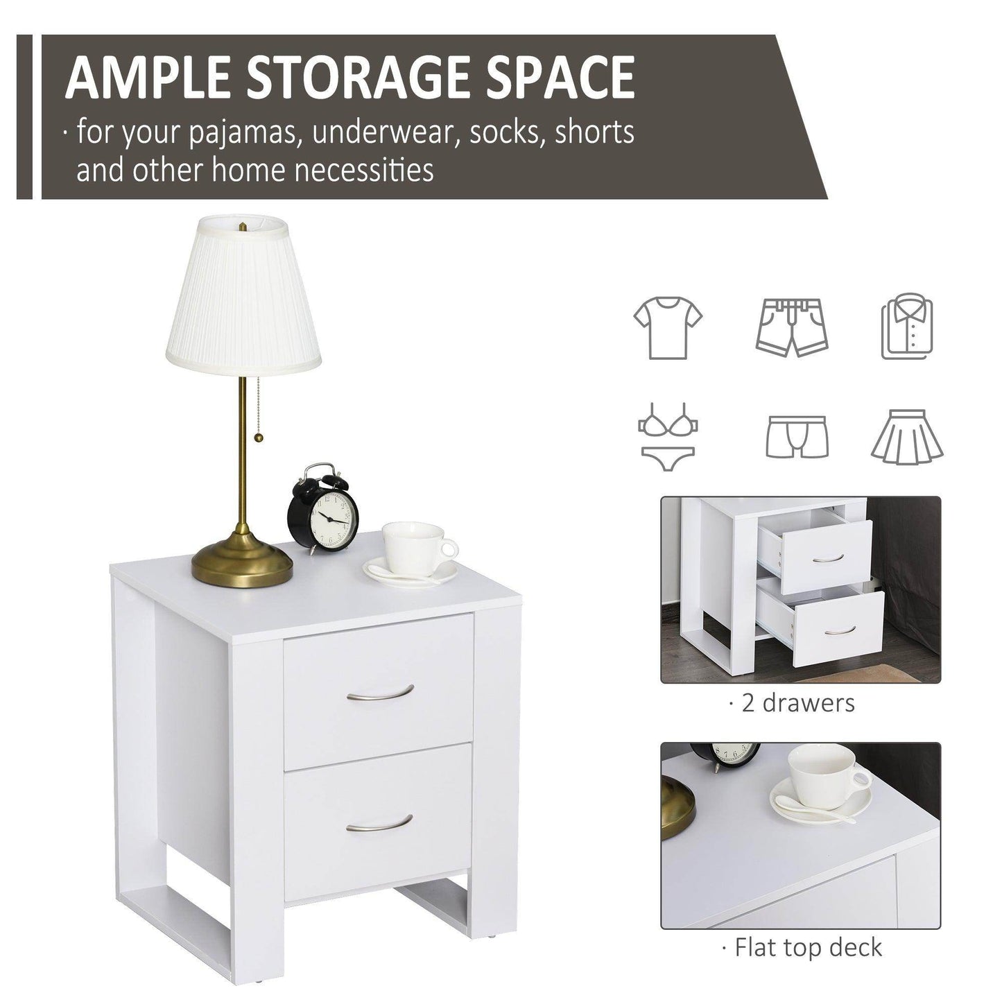 HOMCOM Modern 2-Drawer Bedside Table - White - ALL4U RETAILER LTD