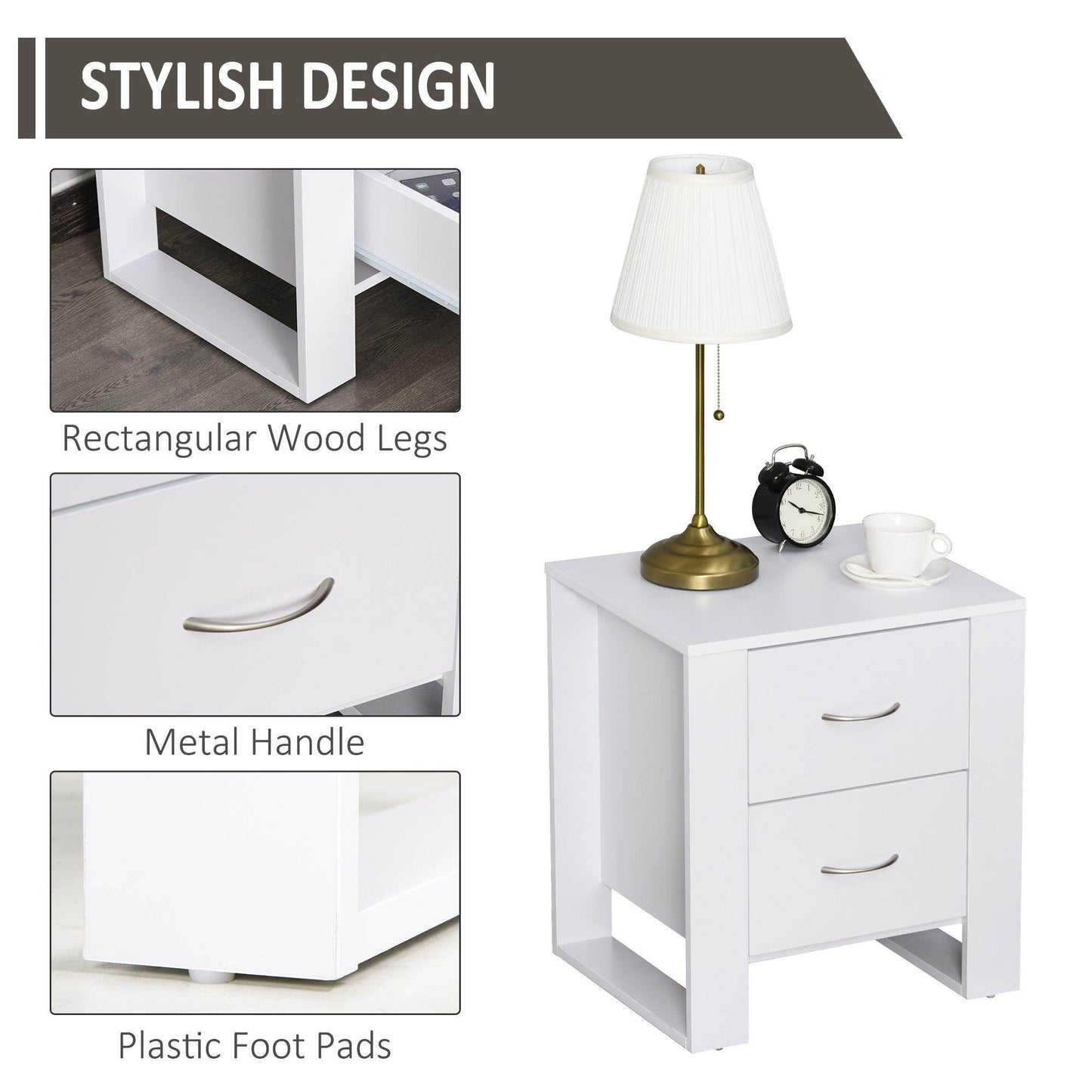 HOMCOM Modern 2-Drawer Bedside Table - White - ALL4U RETAILER LTD