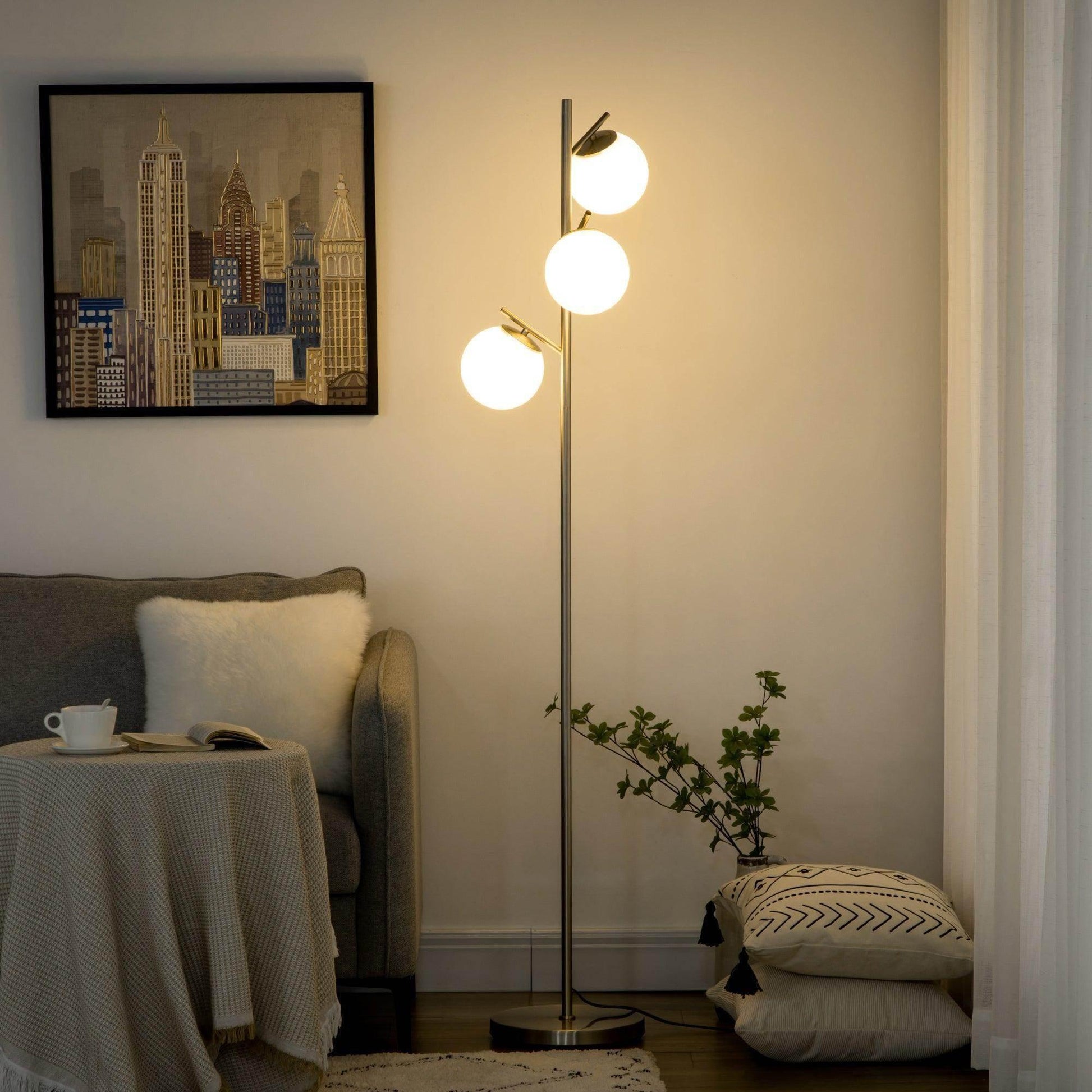 HOMCOM Modern 3-Light Tree Floor Lamp - Silver - ALL4U RETAILER LTD