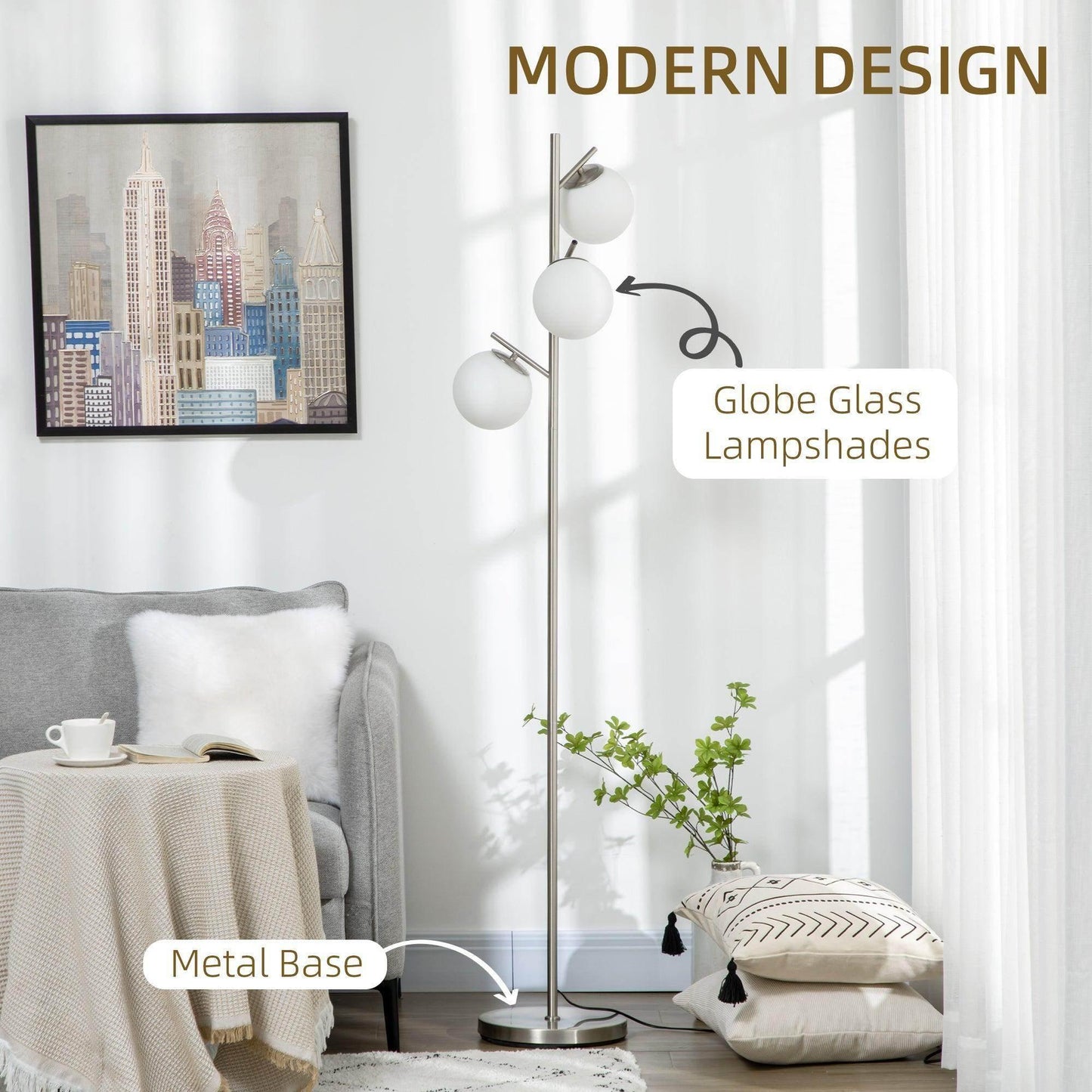 HOMCOM Modern 3-Light Tree Floor Lamp - Silver - ALL4U RETAILER LTD