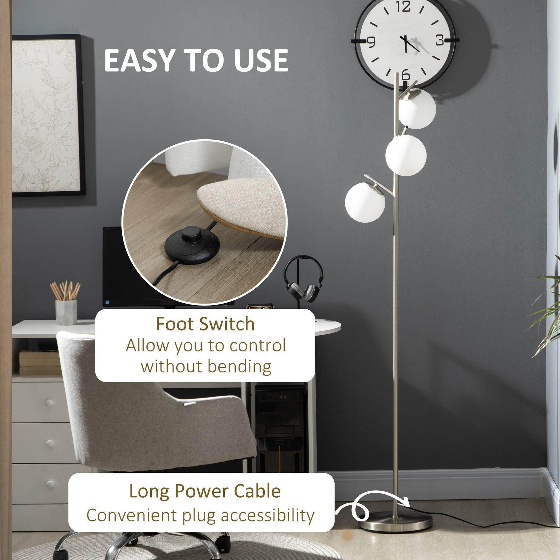 HOMCOM Modern 3-Light Tree Floor Lamp - Silver - ALL4U RETAILER LTD