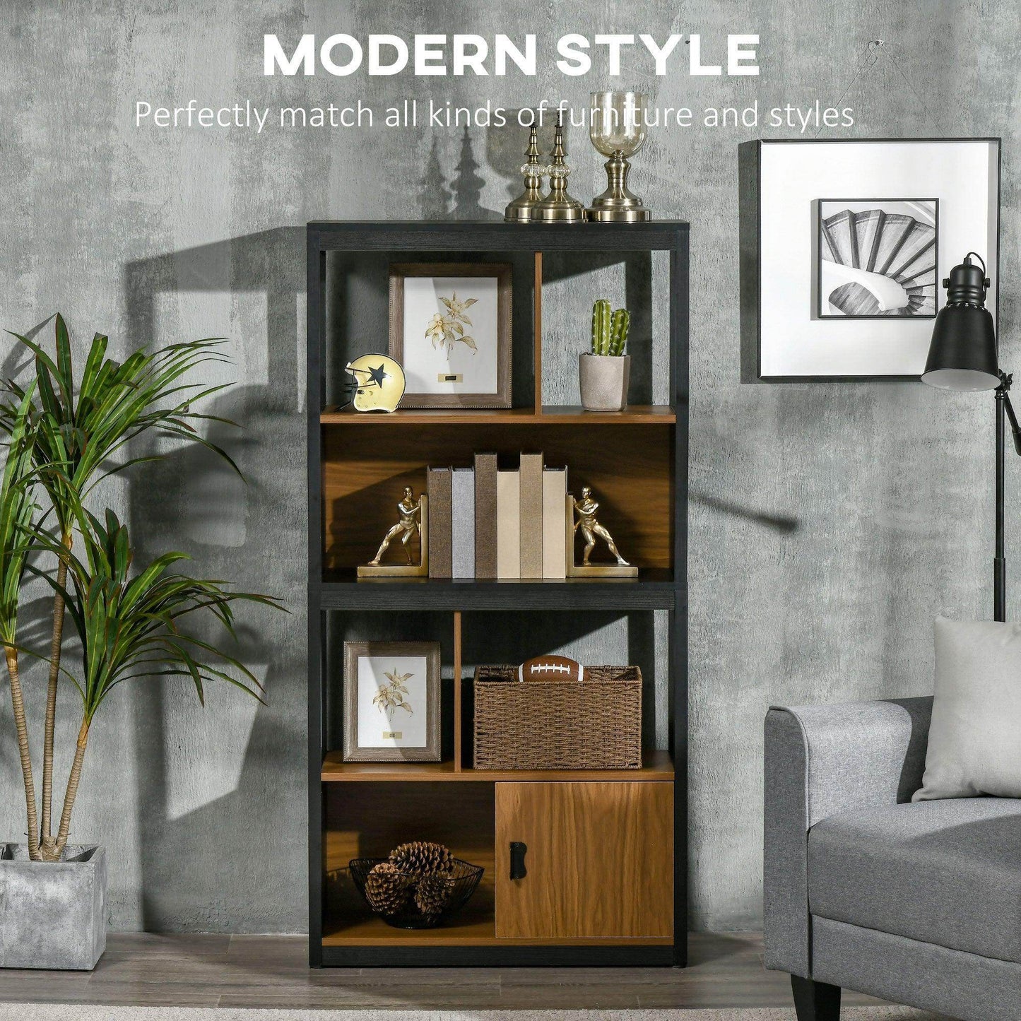 HOMCOM Modern 4-Tier Bookshelf with Cabinet - ALL4U RETAILER LTD