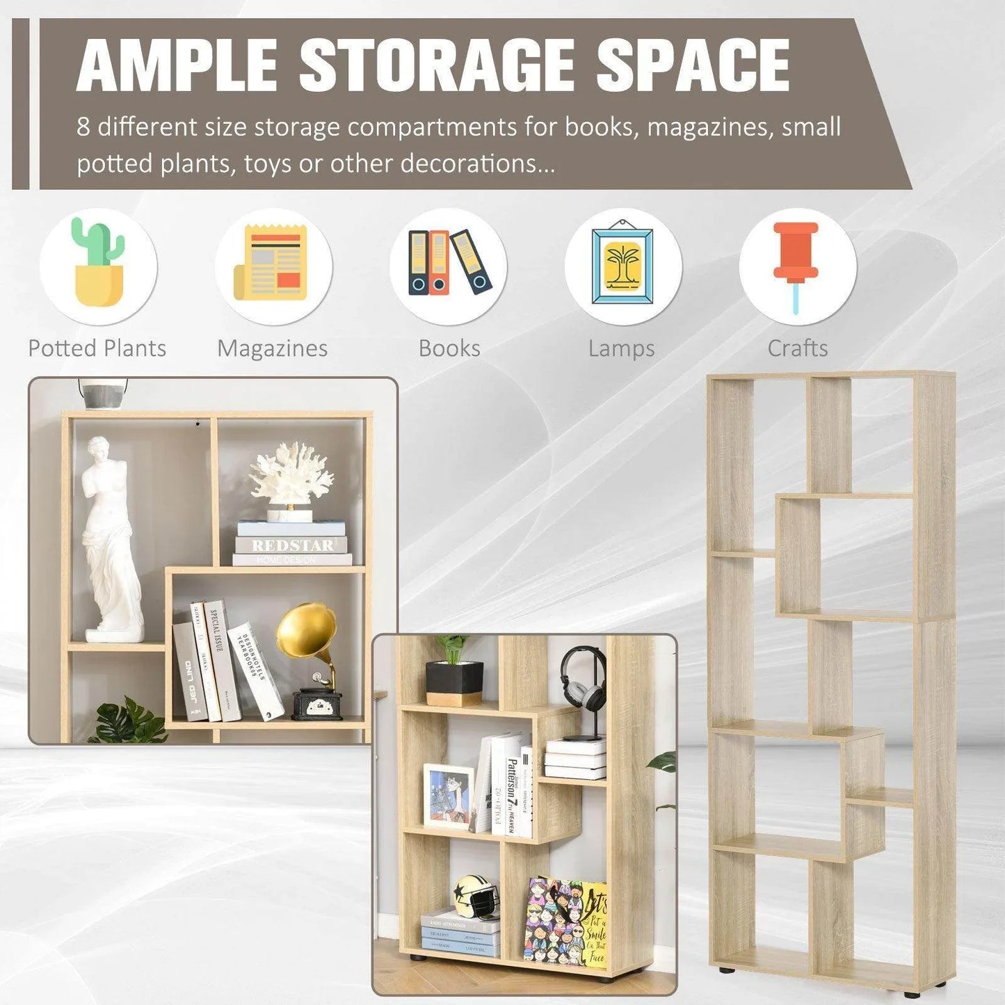 HOMCOM Modern 8-Tier Bookcase with Anti-Tip Pads - ALL4U RETAILER LTD