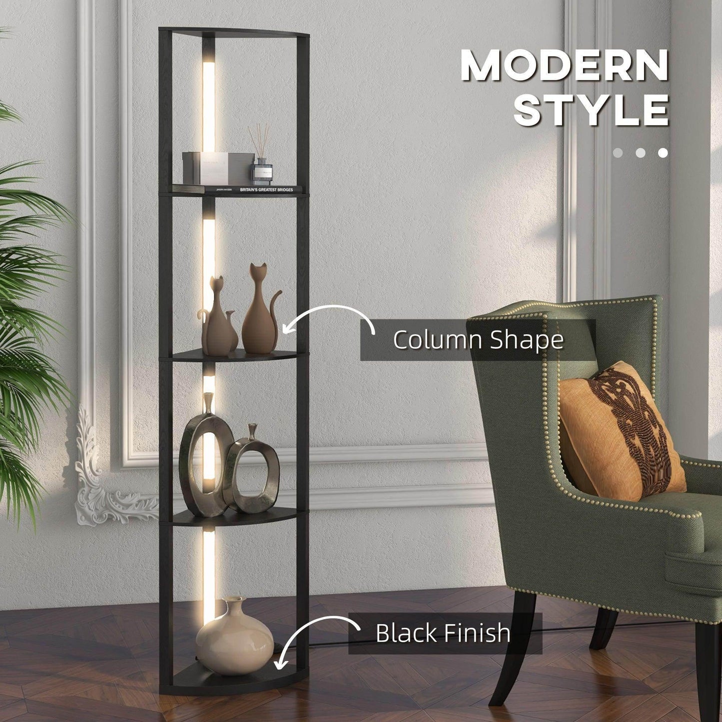 HOMCOM Modern Black Corner Floor Lamp with Dimmable LED Light - ALL4U RETAILER LTD