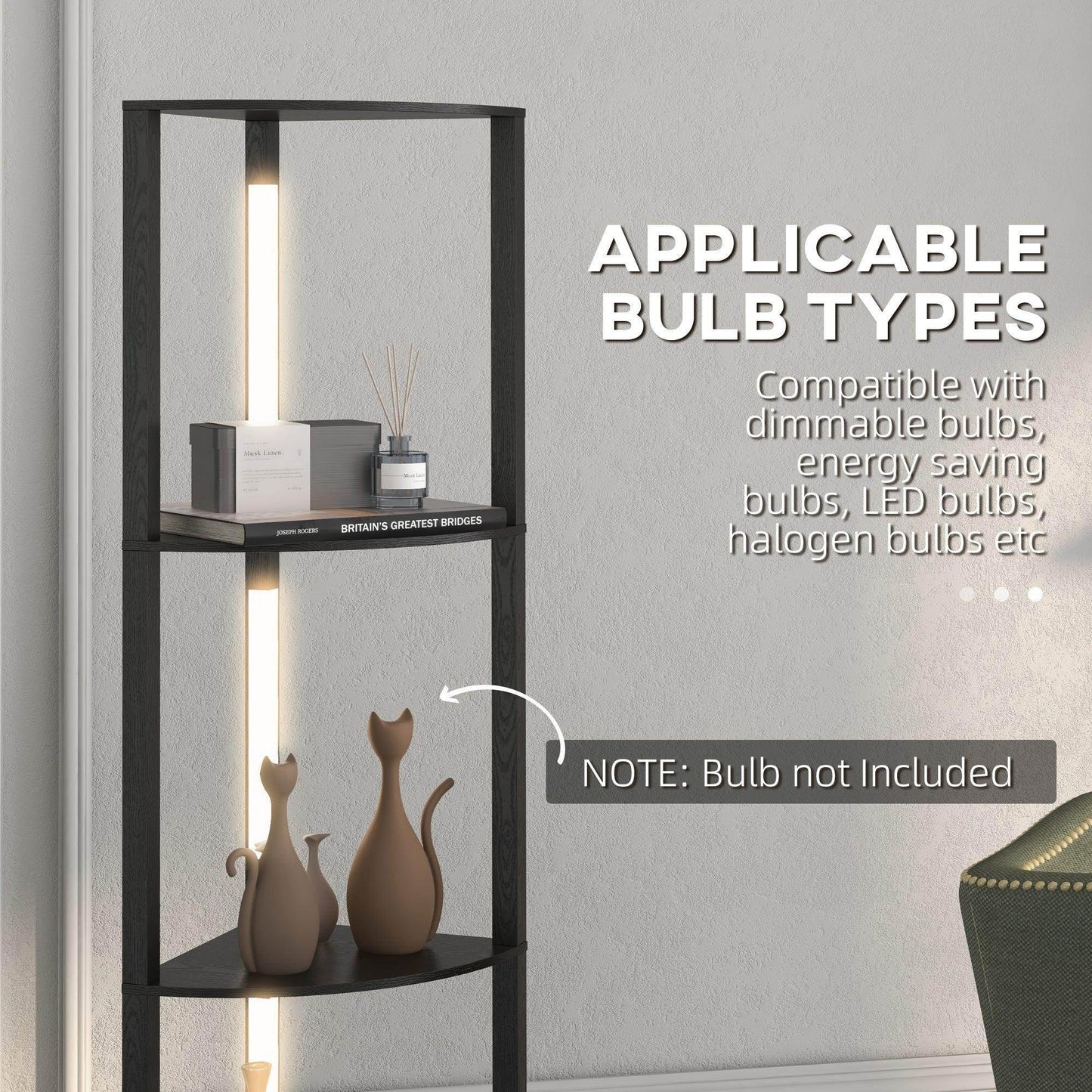 HOMCOM Modern Black Corner Floor Lamp with Dimmable LED Light - ALL4U RETAILER LTD