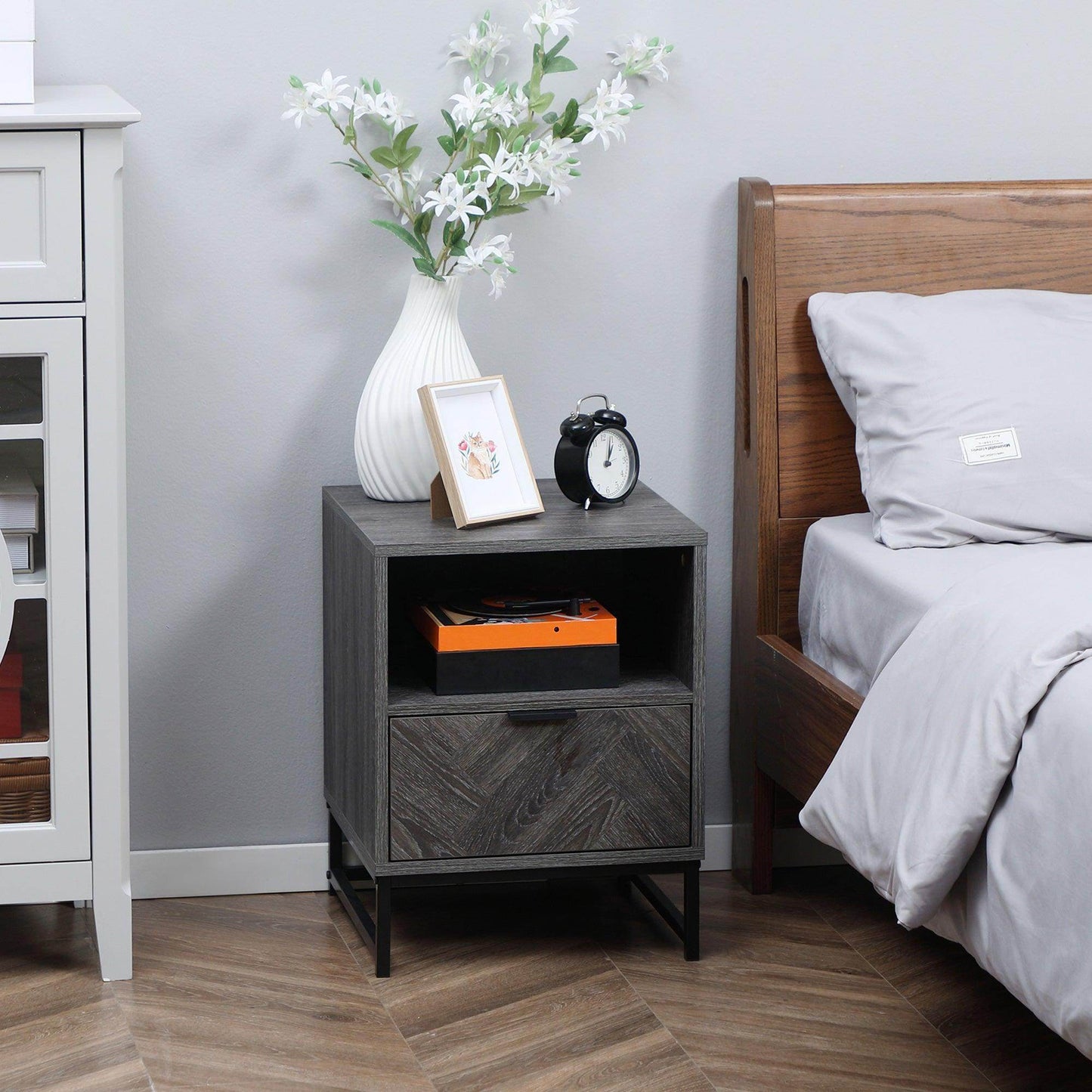 HOMCOM Modern Dark Grey Bedside Table with Drawer and Shelf - ALL4U RETAILER LTD