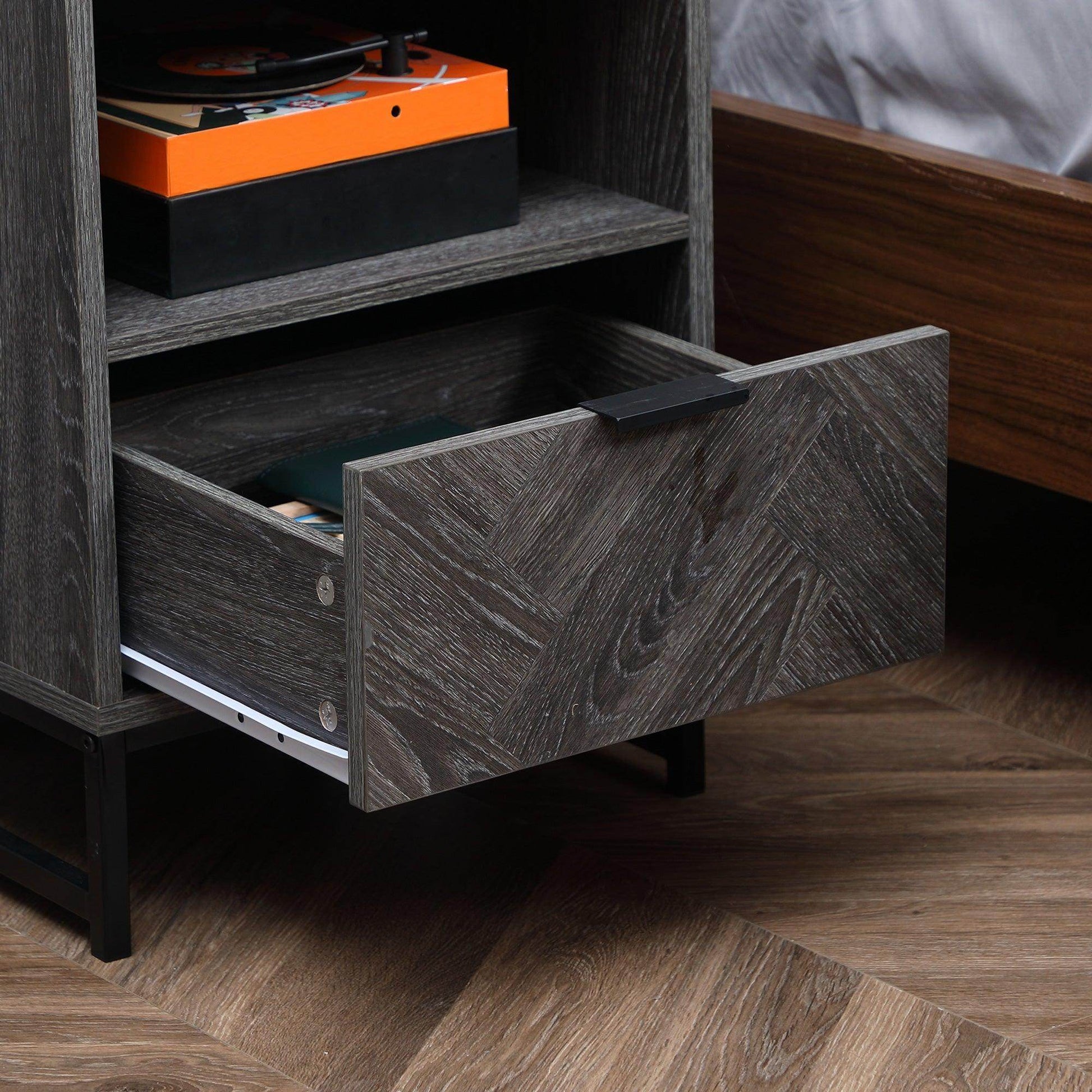 HOMCOM Modern Dark Grey Bedside Table with Drawer and Shelf - ALL4U RETAILER LTD