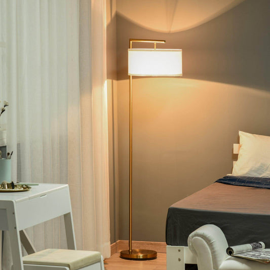 HOMCOM Modern Gold Floor Lamp with White Linen Shade - ALL4U RETAILER LTD