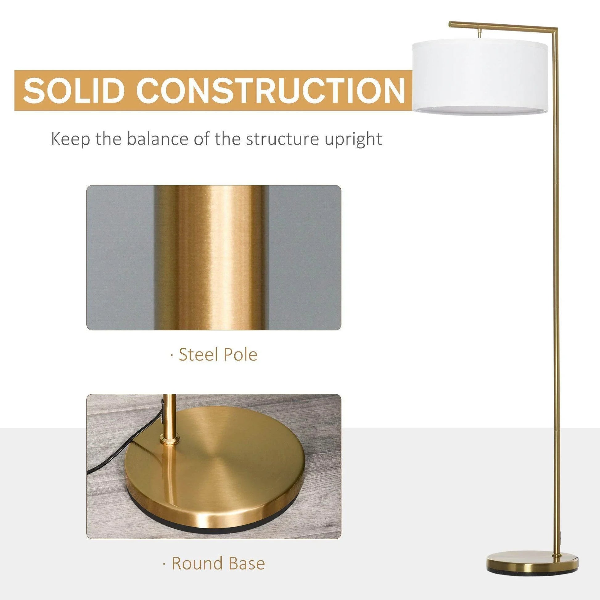 HOMCOM Modern Gold Floor Lamp with White Linen Shade - ALL4U RETAILER LTD