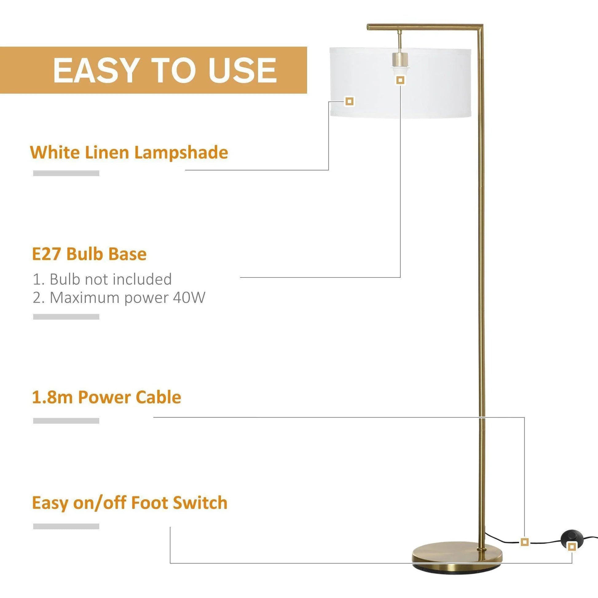 HOMCOM Modern Gold Floor Lamp with White Linen Shade - ALL4U RETAILER LTD