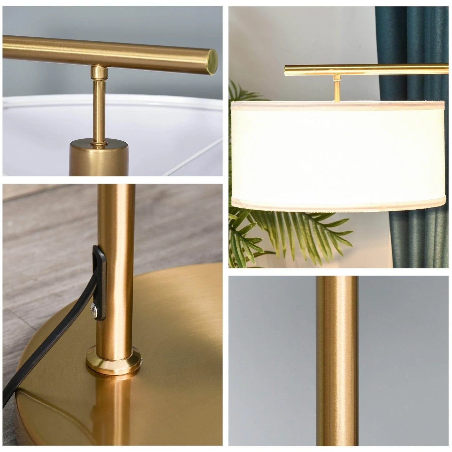 HOMCOM Modern Gold Floor Lamp with White Linen Shade - ALL4U RETAILER LTD