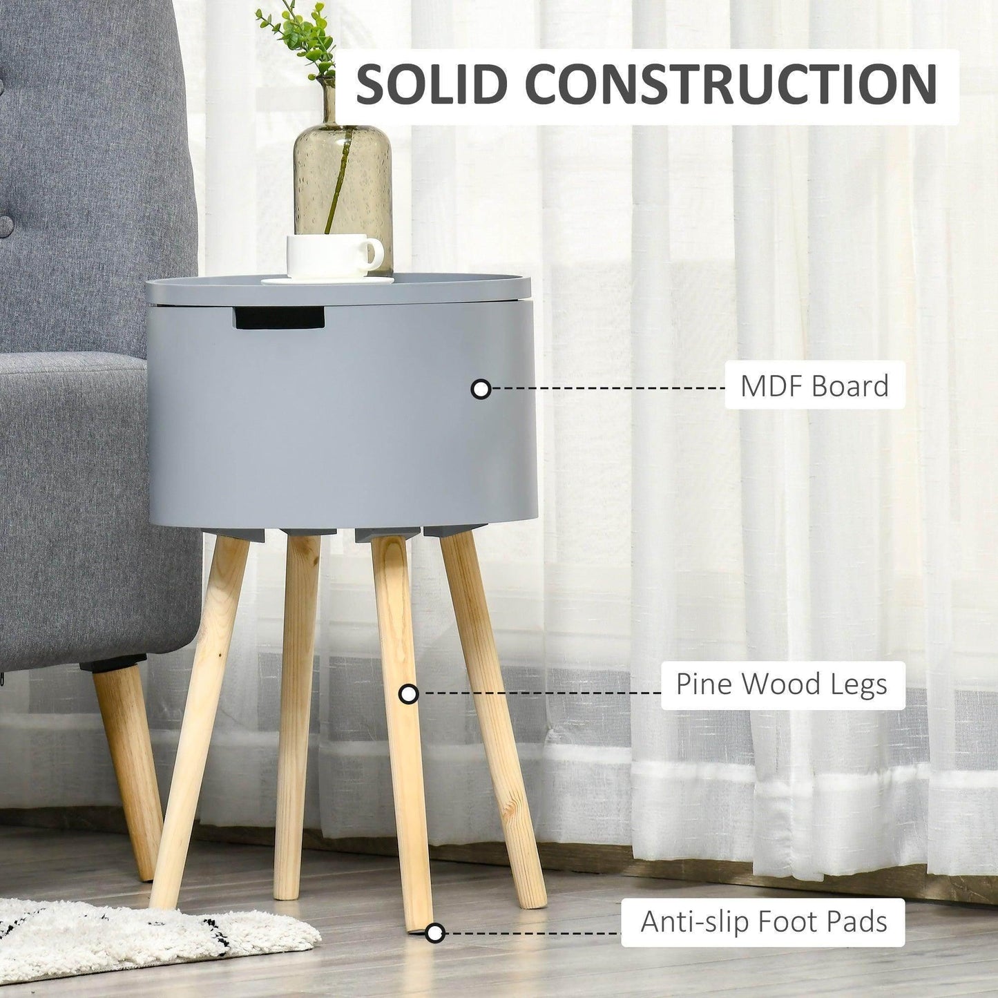 HOMCOM Modern Grey Side Table with Hidden Storage - ALL4U RETAILER LTD