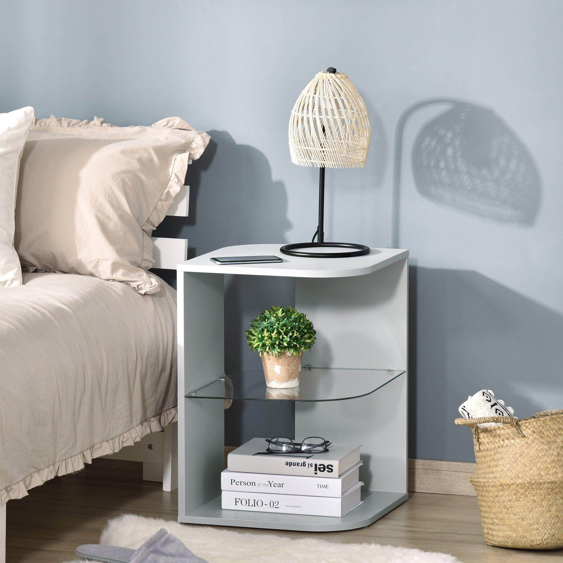 HOMCOM Modern Grey Side Table with Storage Shelves - ALL4U RETAILER LTD