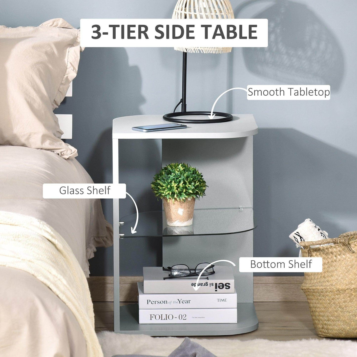 HOMCOM Modern Grey Side Table with Storage Shelves - ALL4U RETAILER LTD