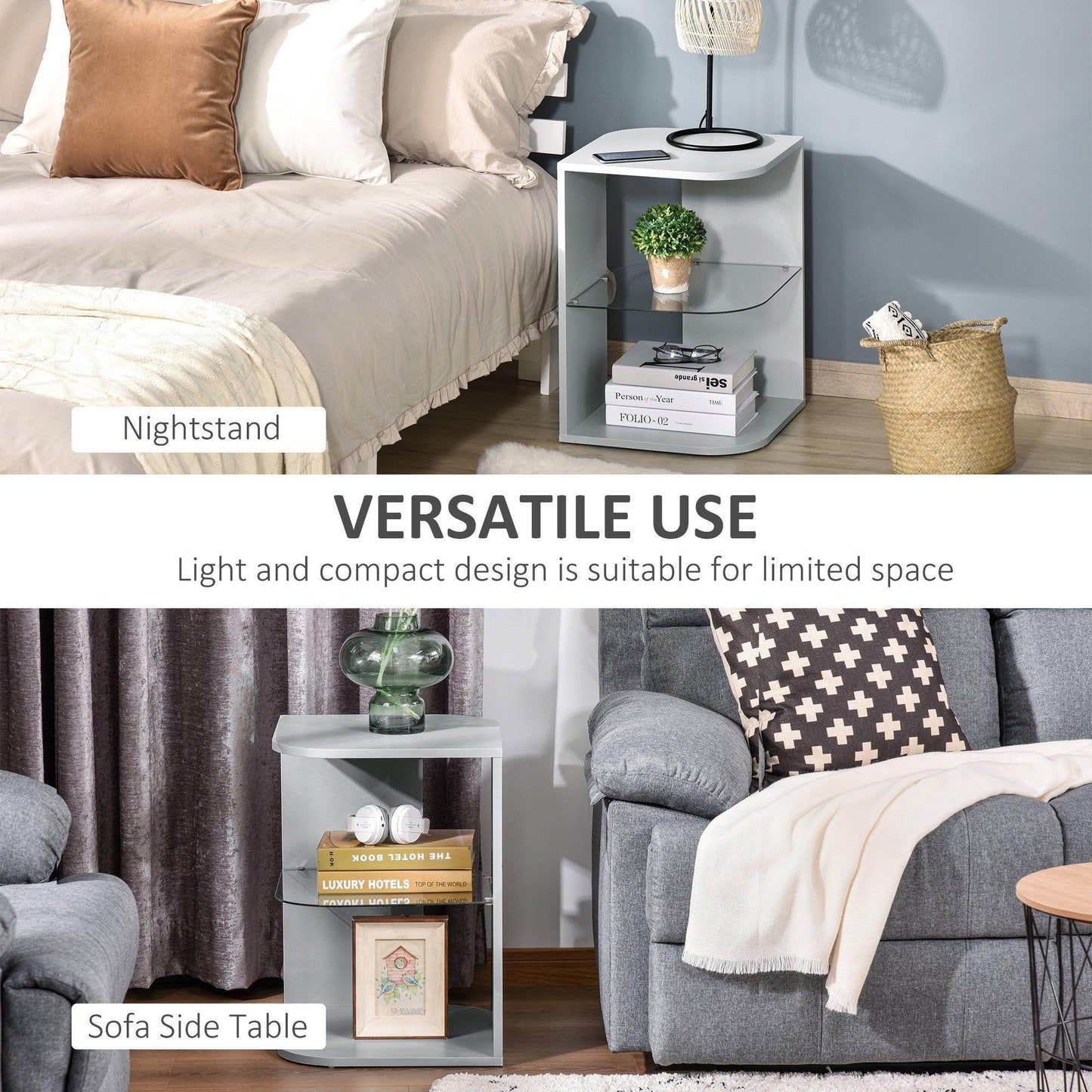 HOMCOM Modern Grey Side Table with Storage Shelves - ALL4U RETAILER LTD